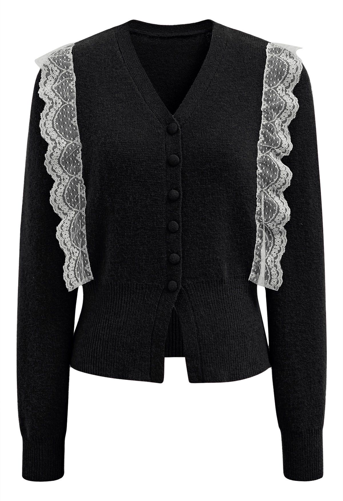 Lace Trimmed V-Neck Knit Cardigan in Black