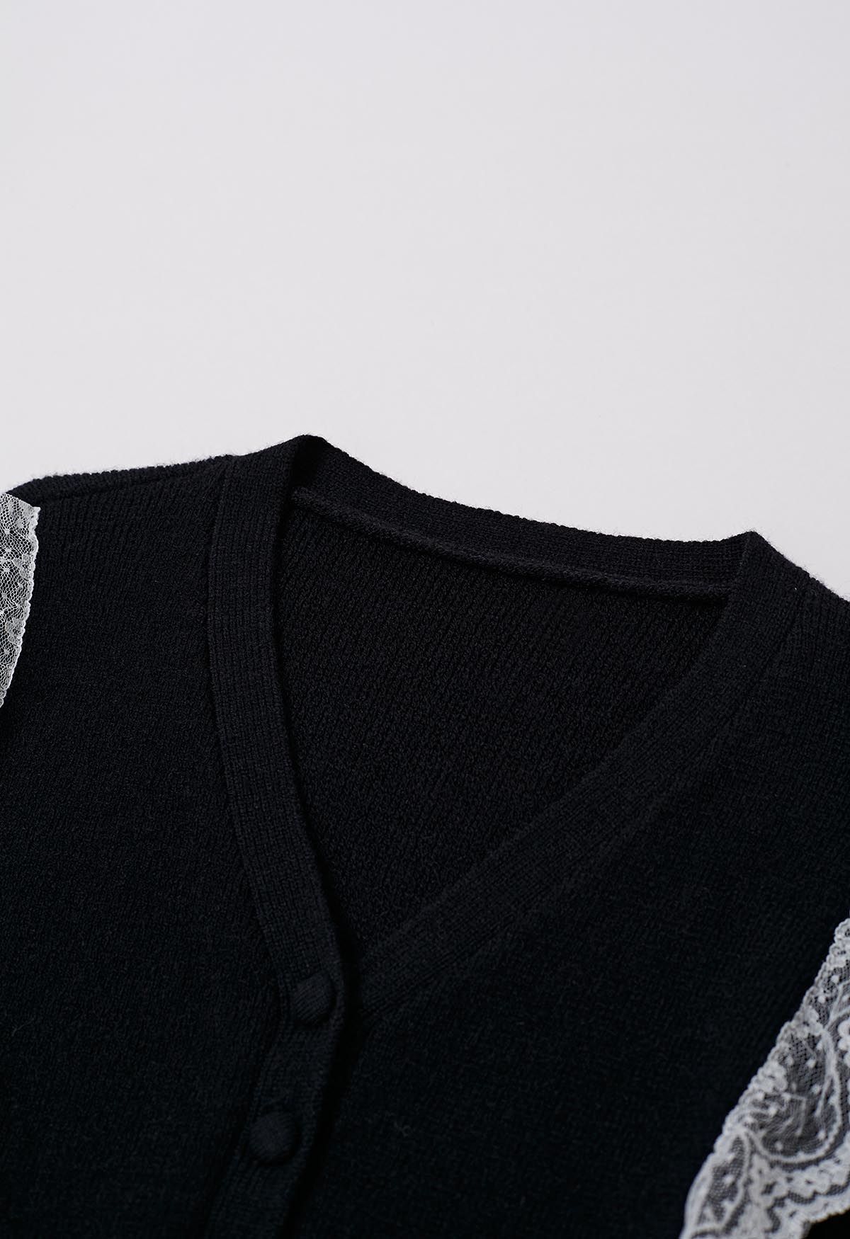 Lace Trimmed V-Neck Knit Cardigan in Black