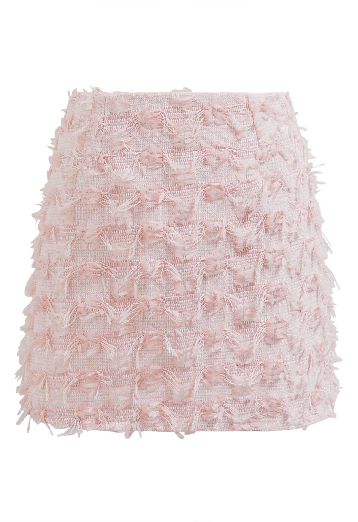 Adorable Fringe Tweed Mini Bud Skirt in Pink