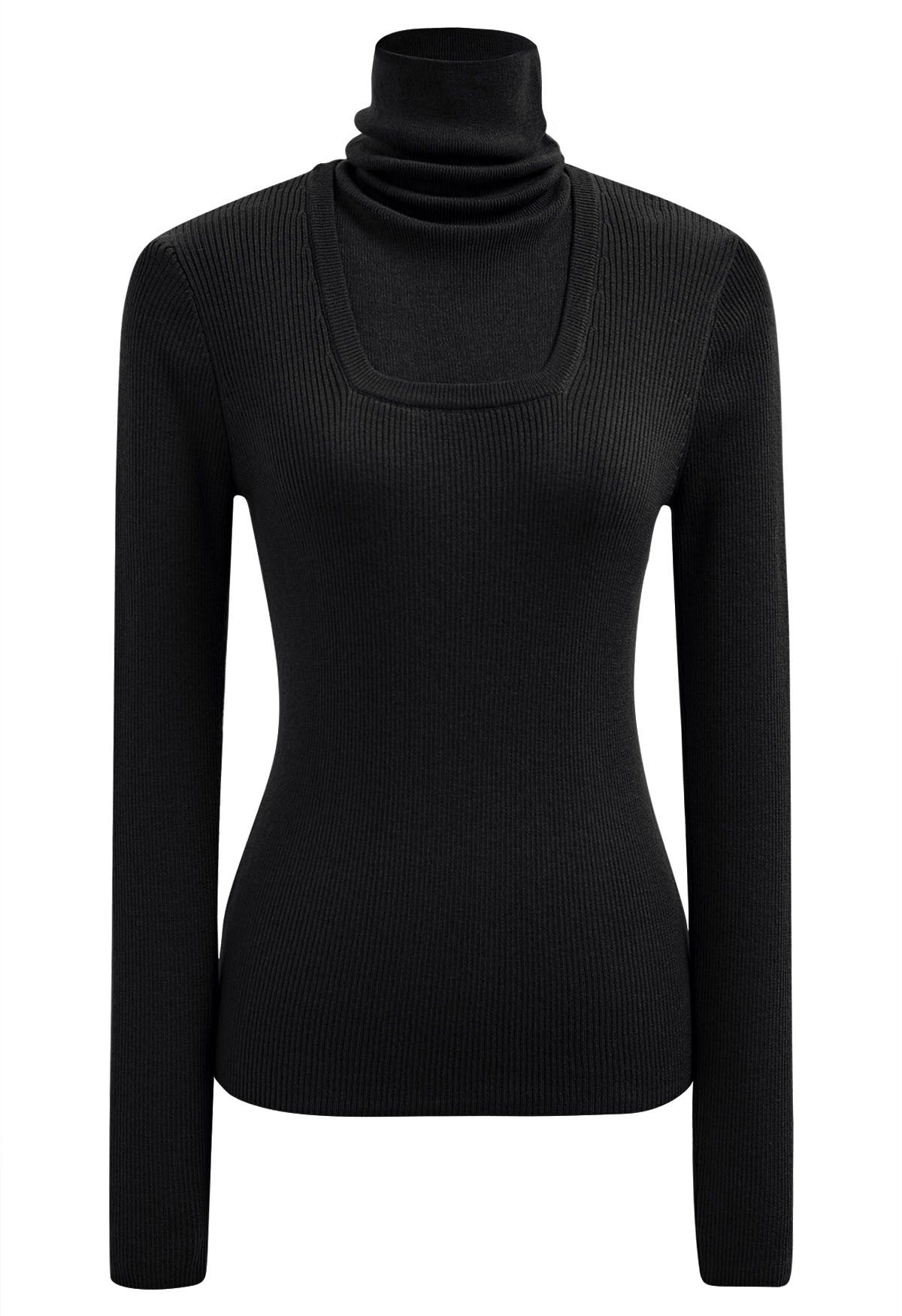 Fake Two-Piece High Neck Knit Top in Black