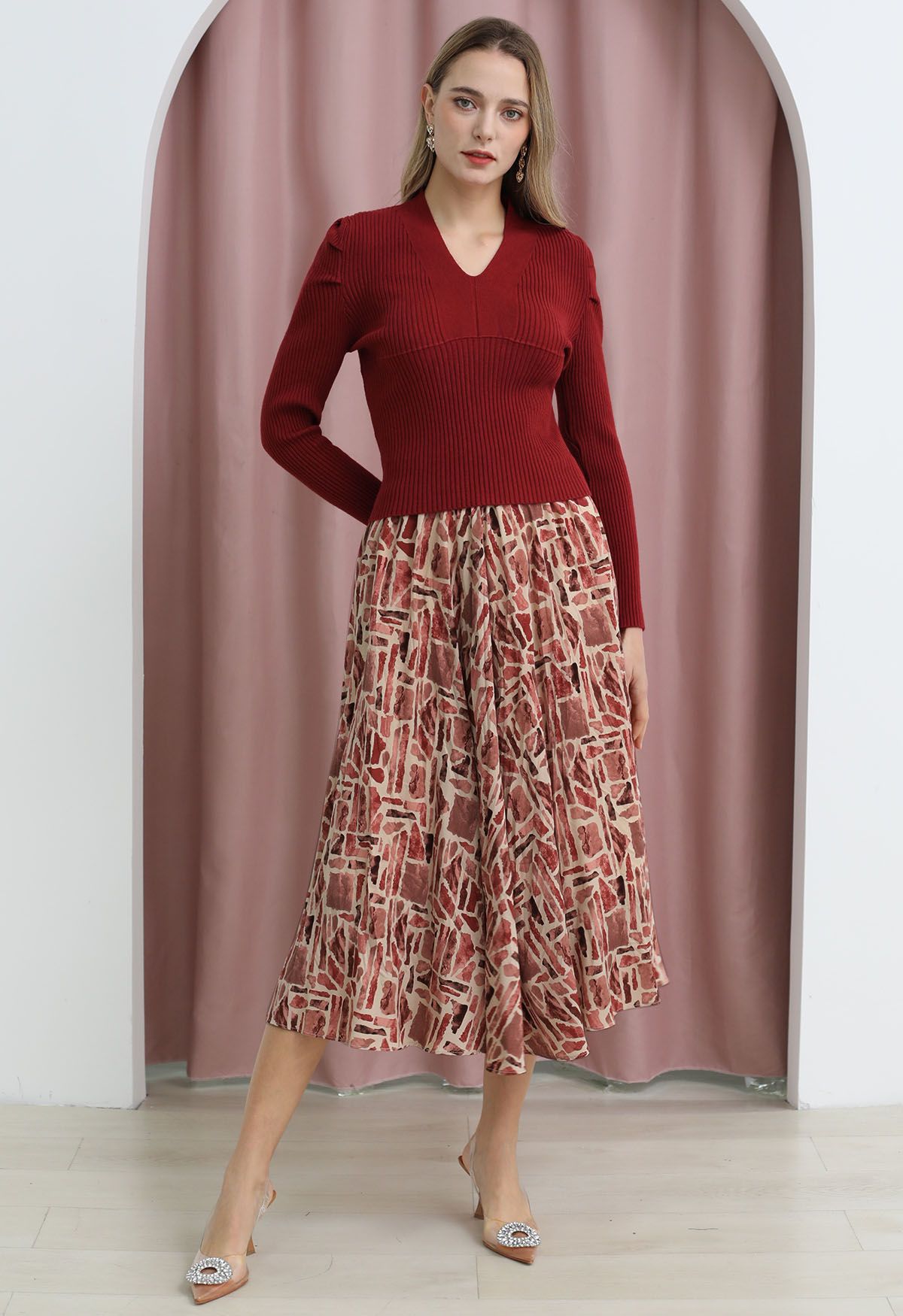 Graphic Printed Midi Skirt in Red