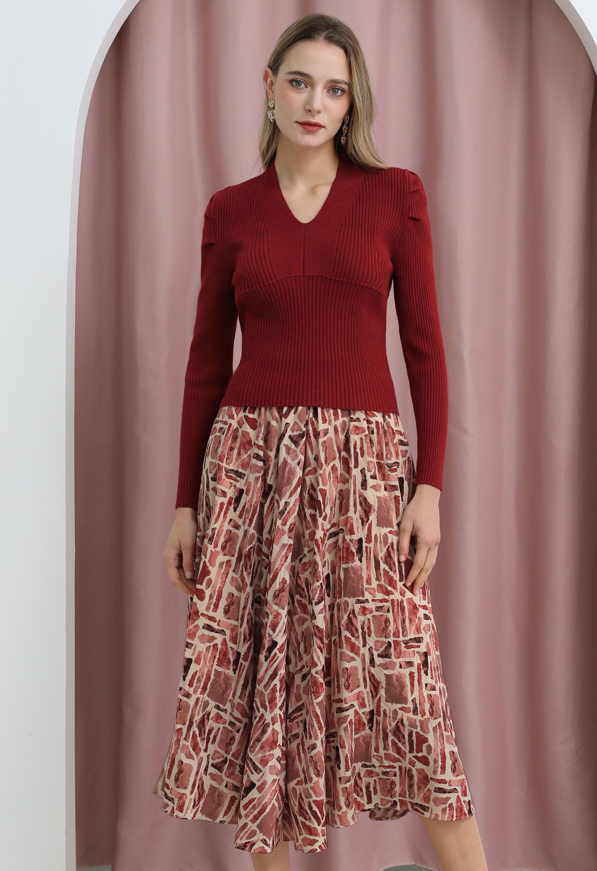 Graphic Printed Midi Skirt in Red