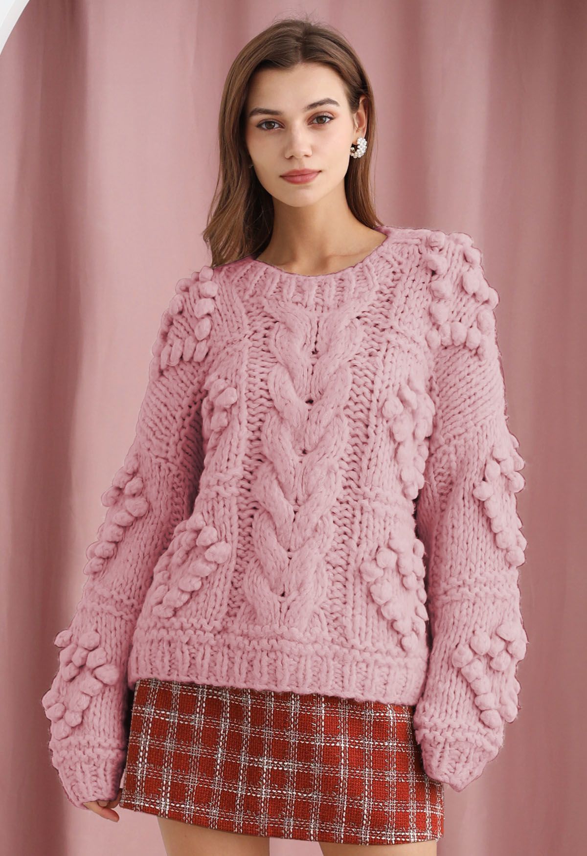 Pom-Pom Heart Braid Hand Knit Sweater in Pink