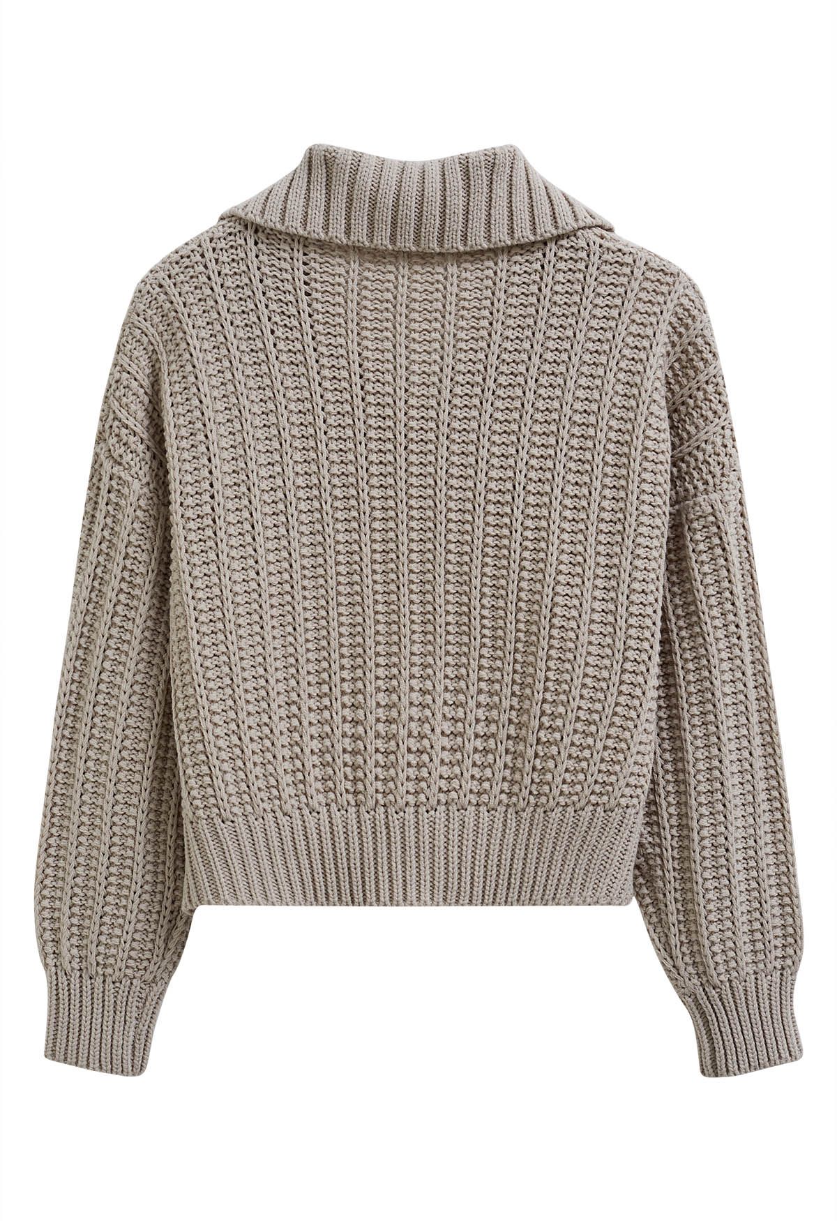 Grey Ribbed Knit Zip High Neck Jumper