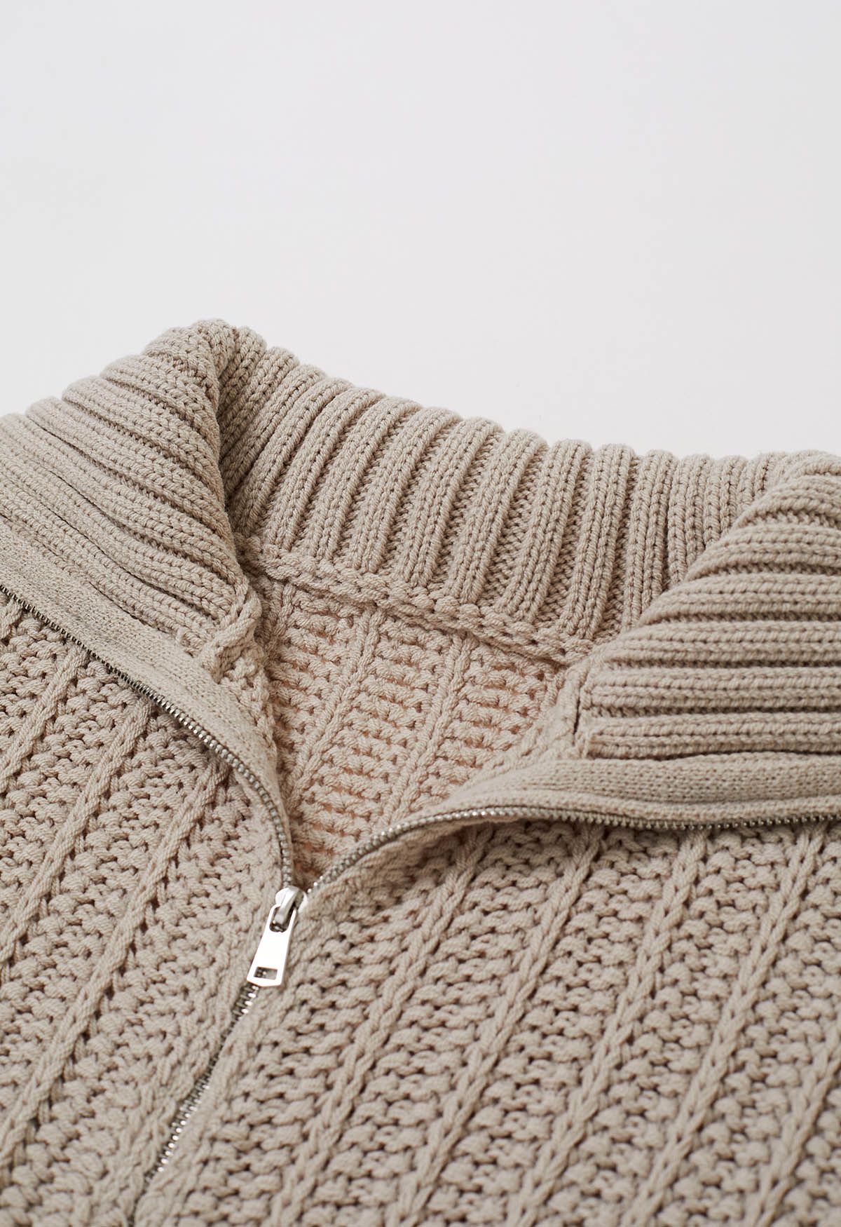 High Neck Chunky Knit Zip Up Cardigan in Khaki