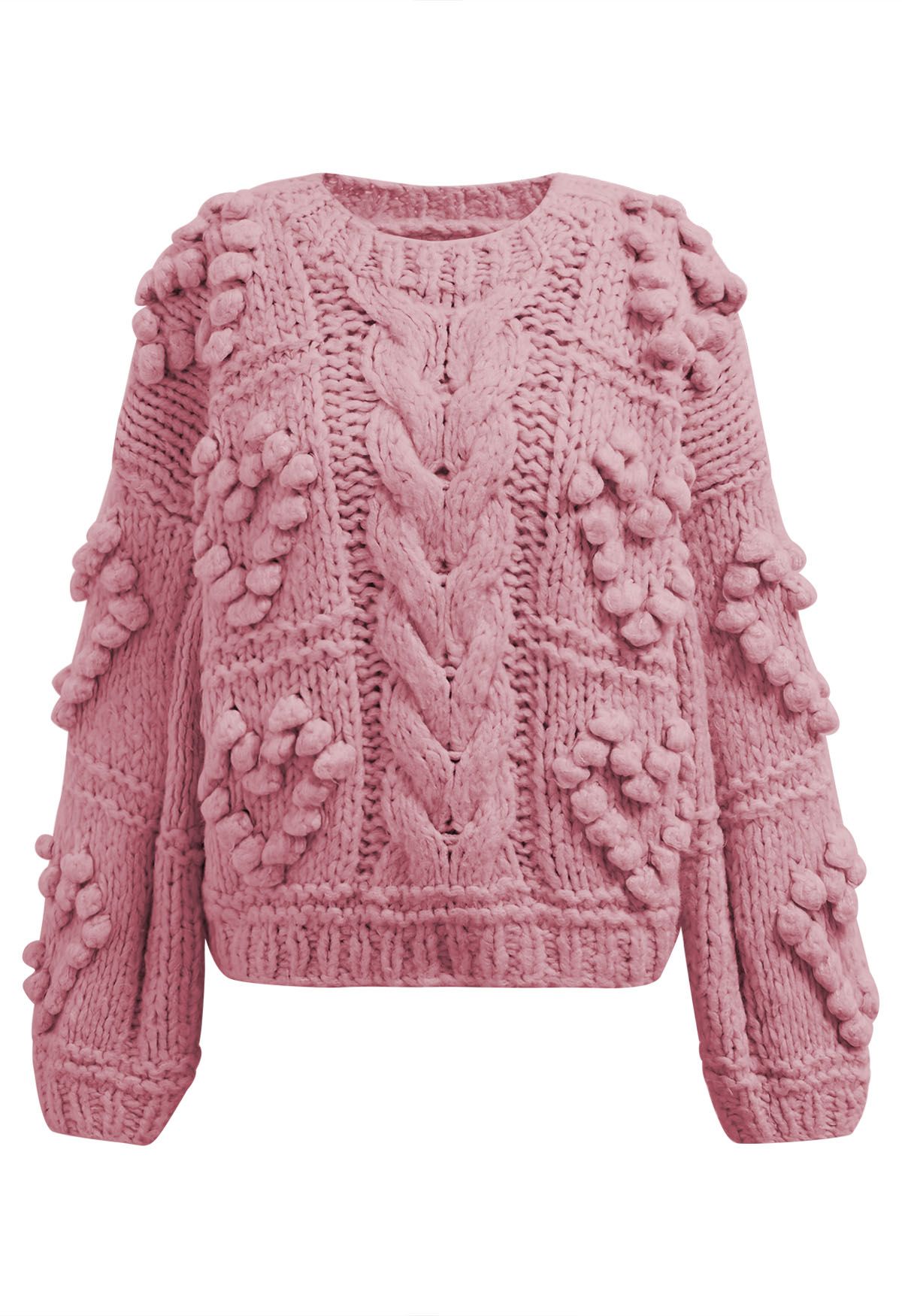 Pom-Pom Heart Braid Hand Knit Sweater in Pink