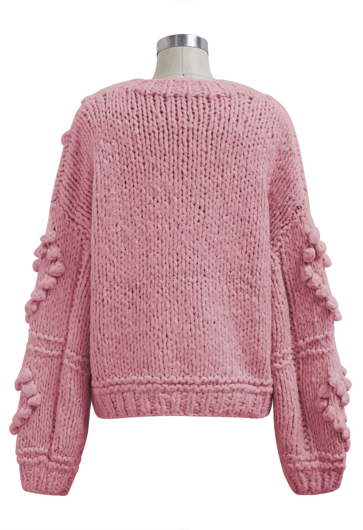 Pom-Pom Heart Braid Hand Knit Sweater in Pink