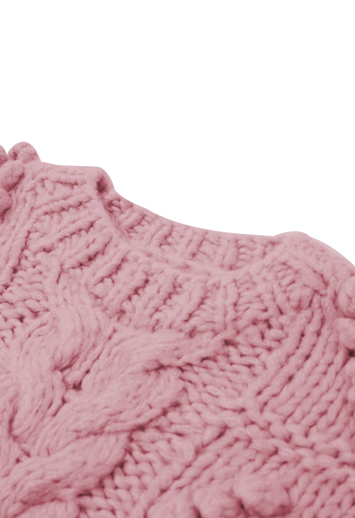 Pom-Pom Heart Braid Hand Knit Sweater in Pink