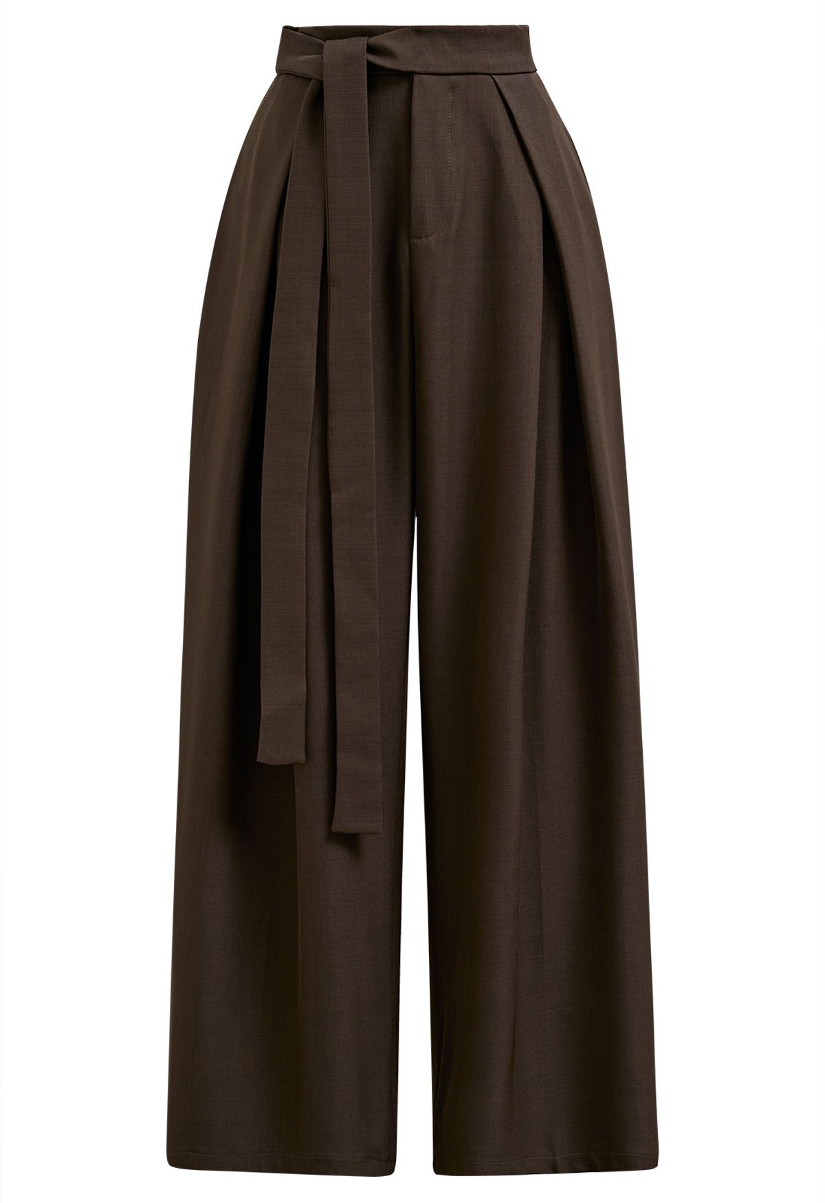 Fixed Belted Side Pockets Straight-Leg Pants in Brown