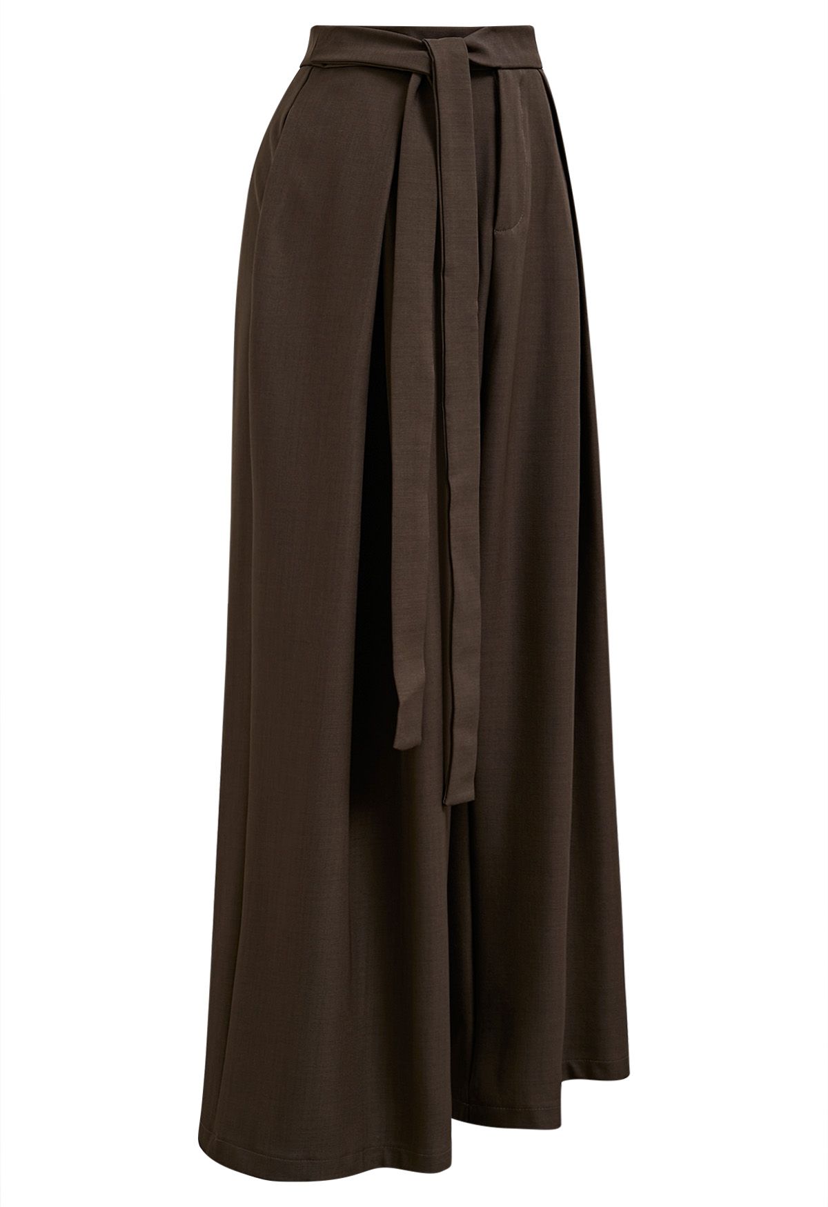 Fixed Belted Side Pockets Straight-Leg Pants in Brown