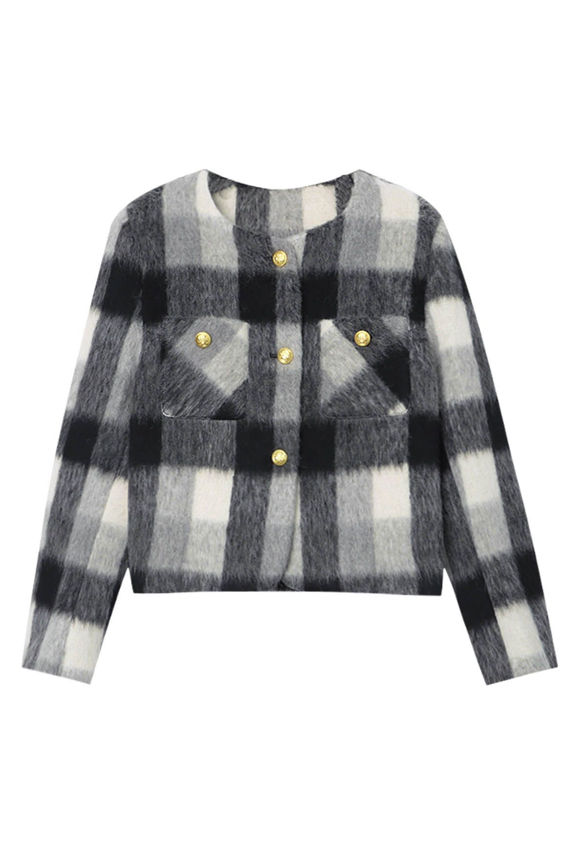 Modern Check Golden Button Fuzzy Crop Cardigan