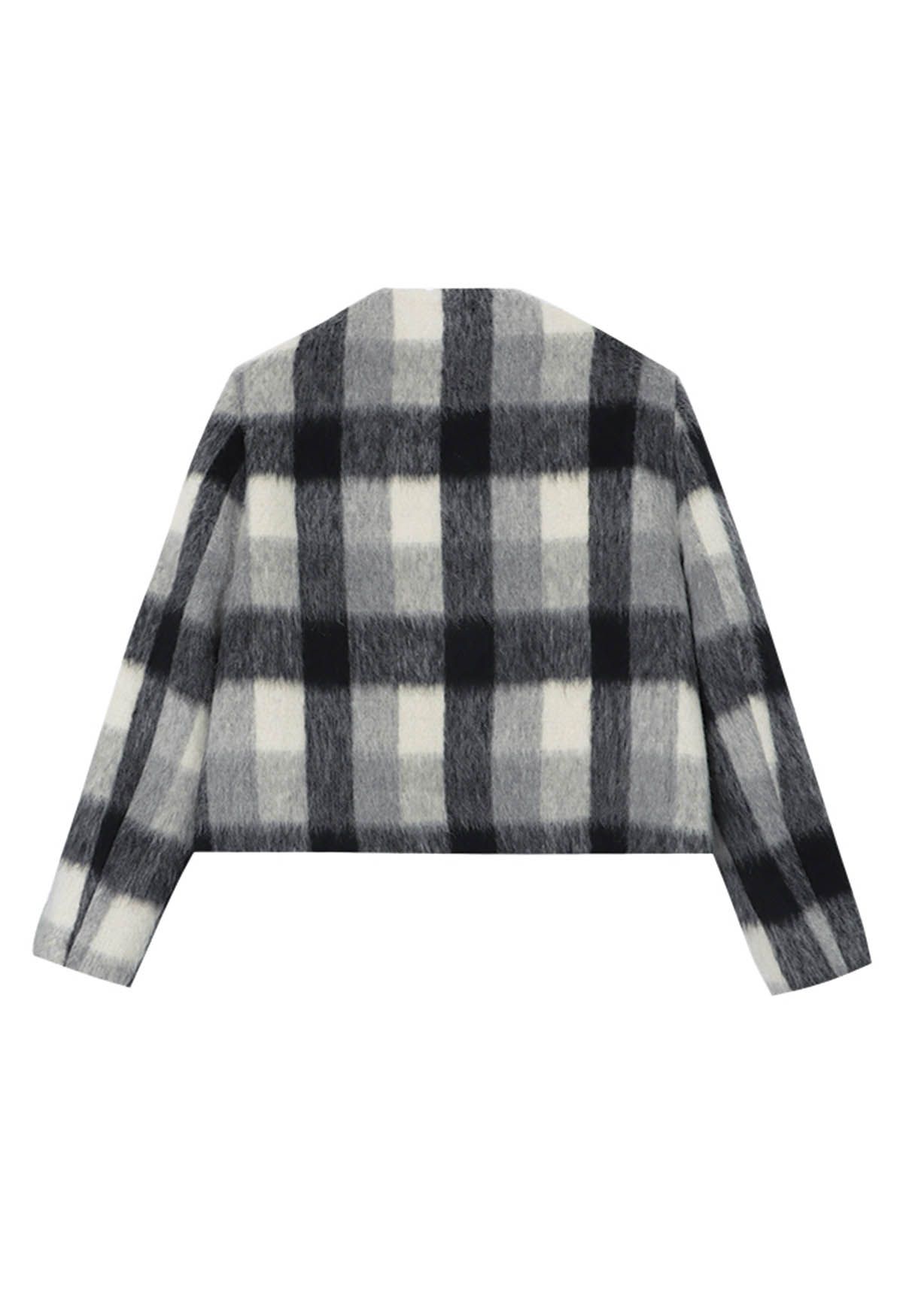 Modern Check Golden Button Fuzzy Crop Cardigan