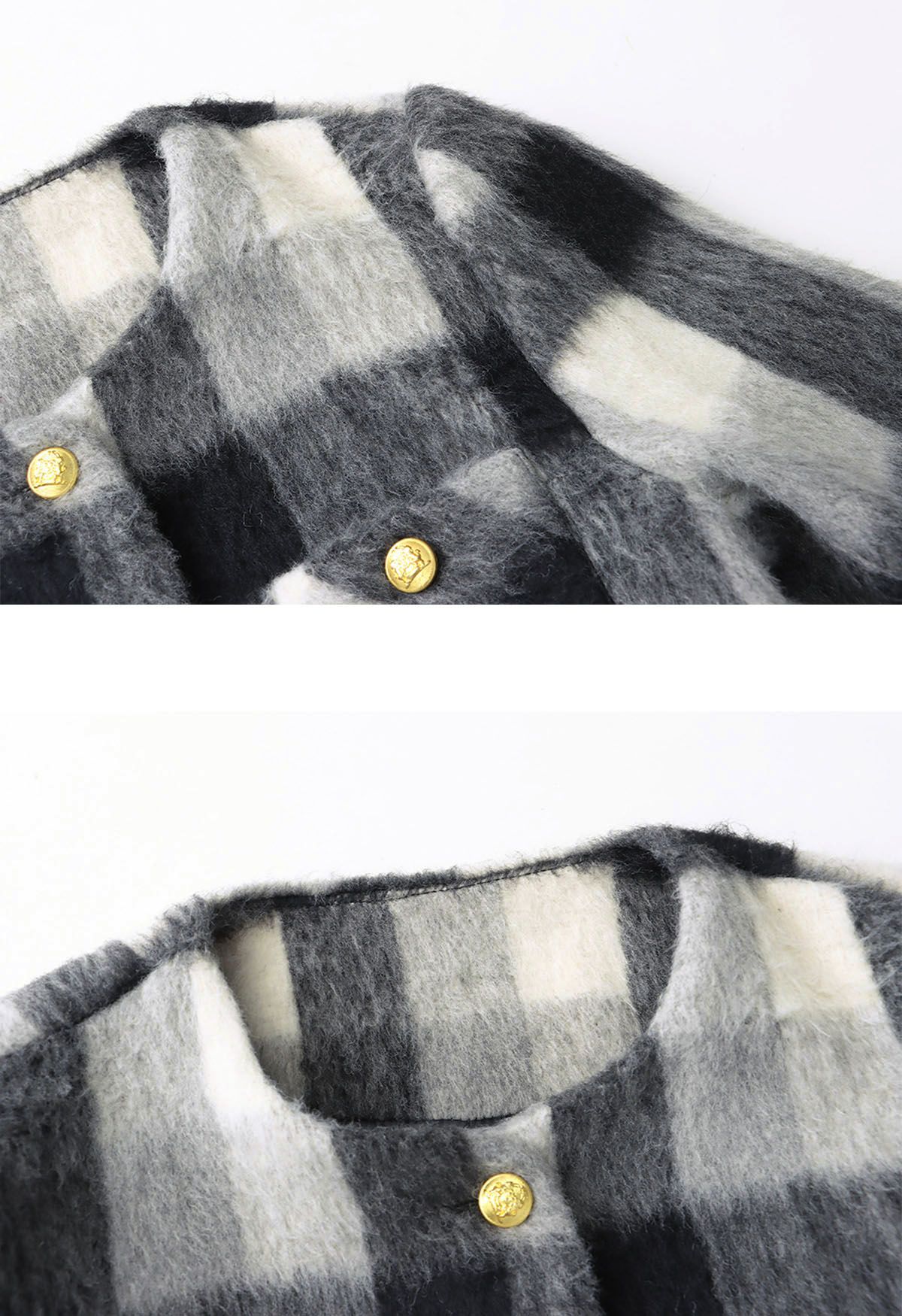 Modern Check Golden Button Fuzzy Crop Cardigan