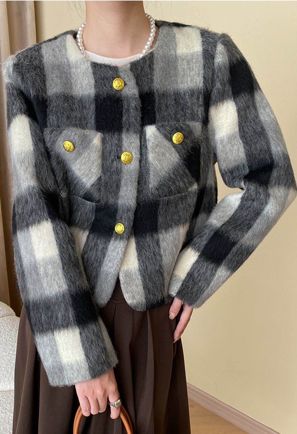 Modern Check Golden Button Fuzzy Crop Cardigan