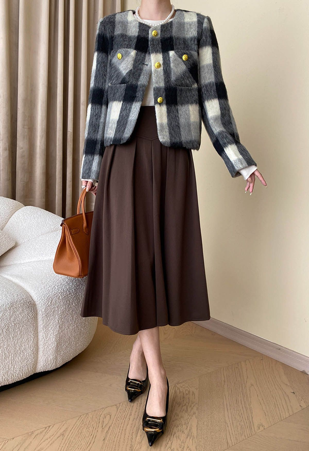 Modern Check Golden Button Fuzzy Crop Cardigan