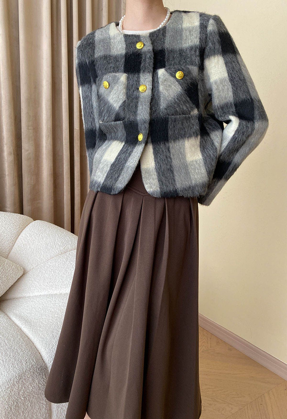 Modern Check Golden Button Fuzzy Crop Cardigan