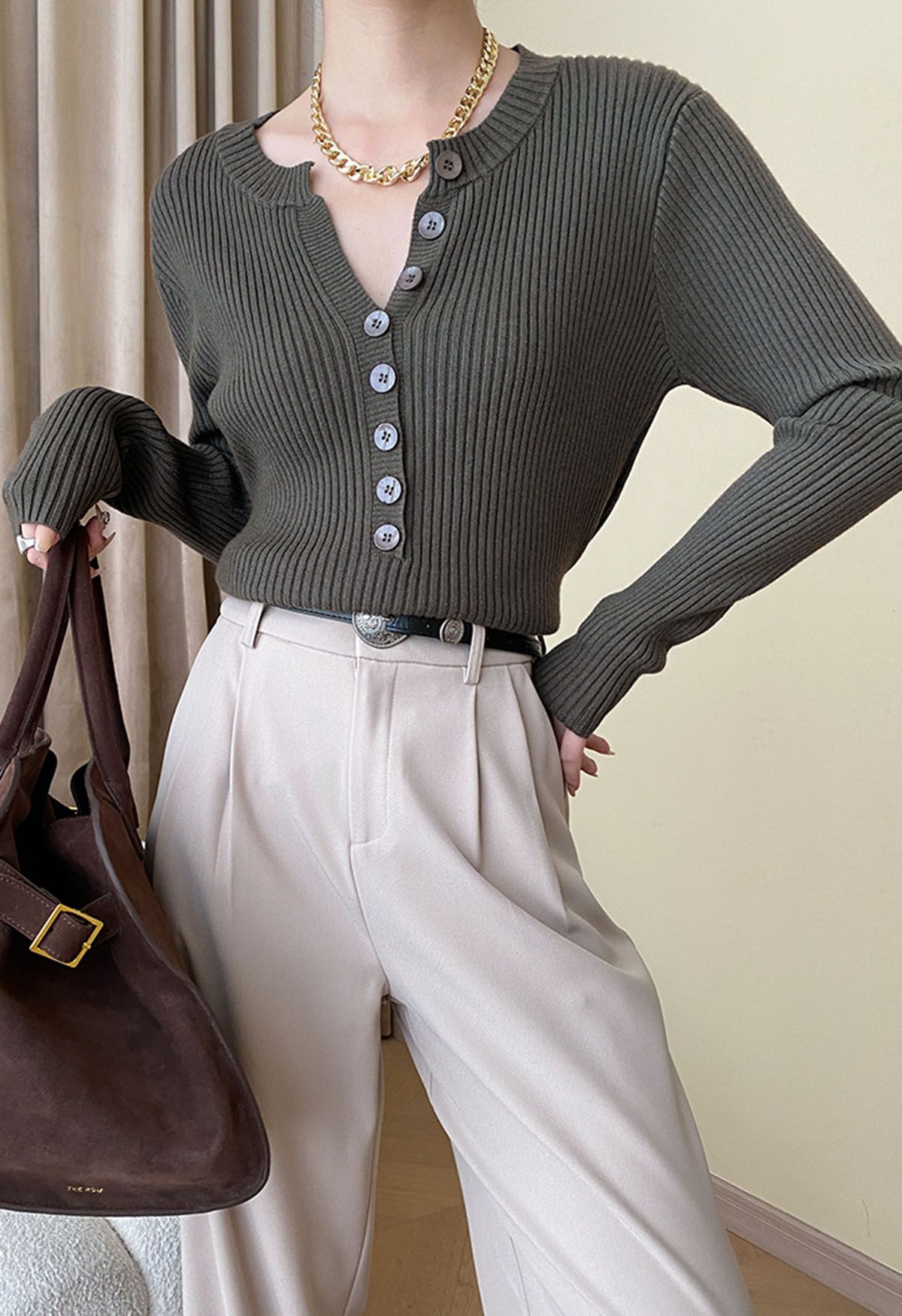 Versatile Button Front Ribbed Knit Top in Smoke