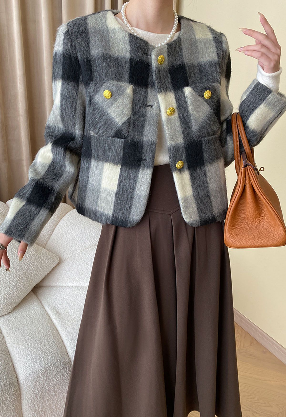 Modern Check Golden Button Fuzzy Crop Cardigan