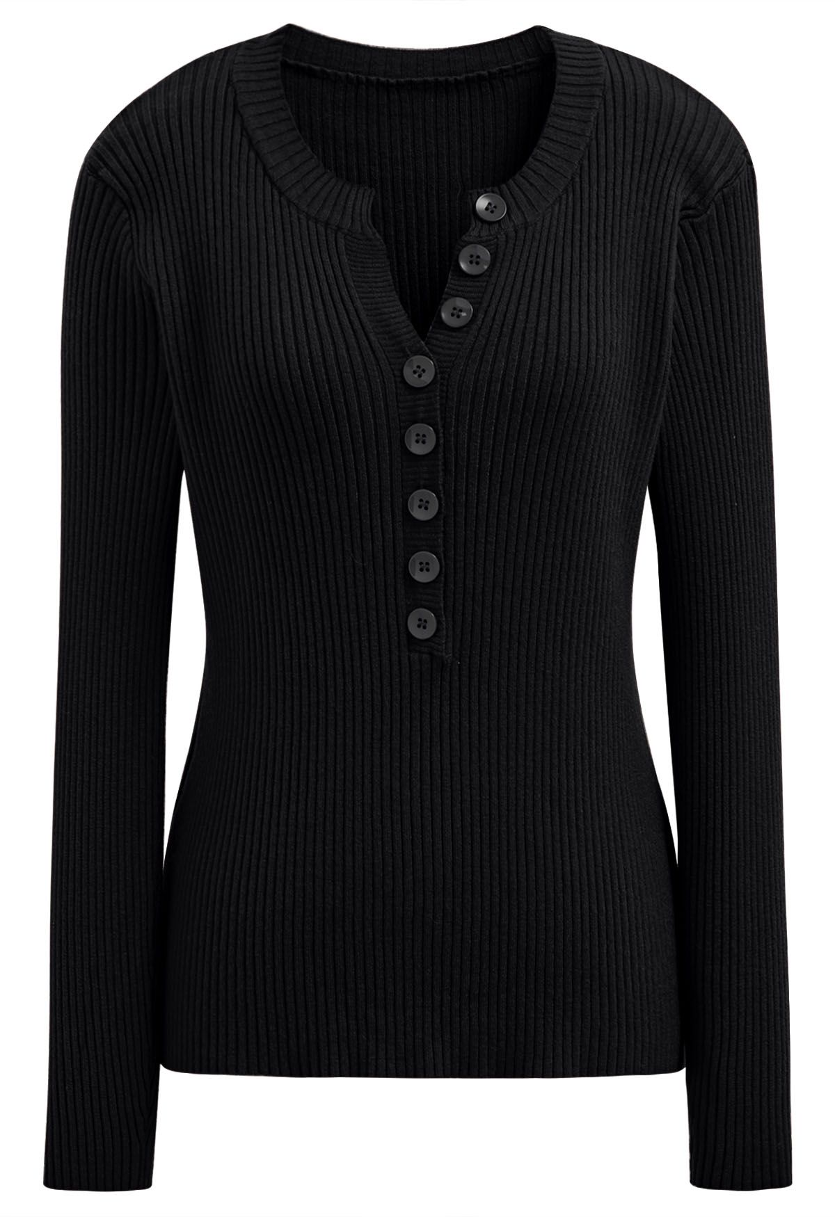 Versatile Button Front Ribbed Knit Top in Black