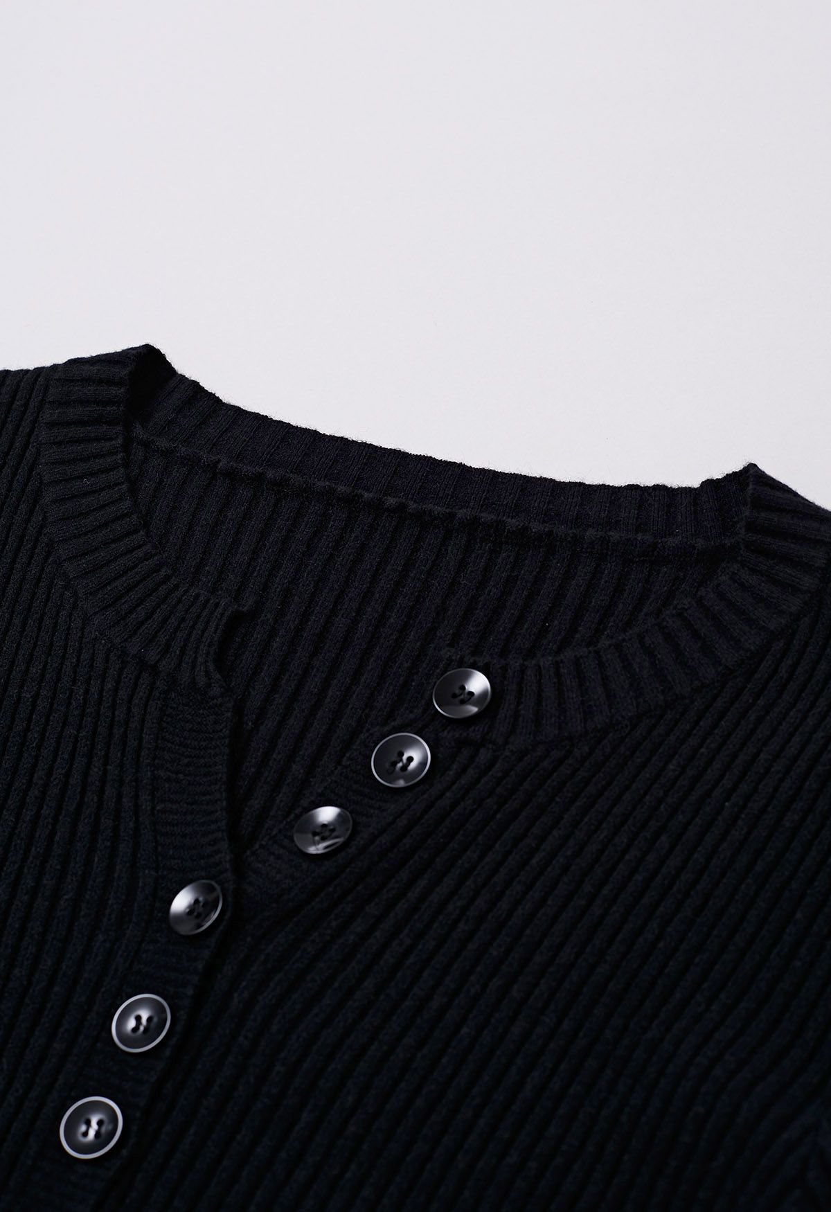 Versatile Button Front Ribbed Knit Top in Black