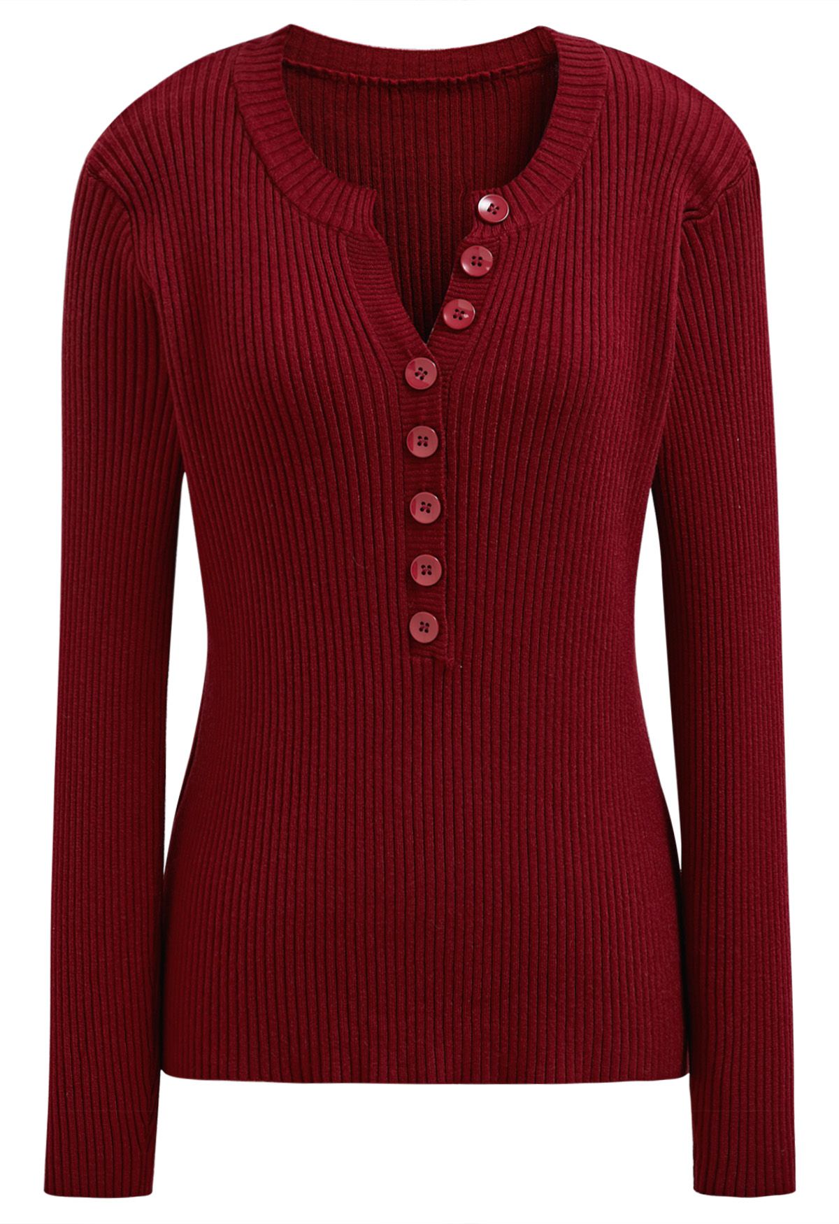 Versatile Button Front Ribbed Knit Top in Red