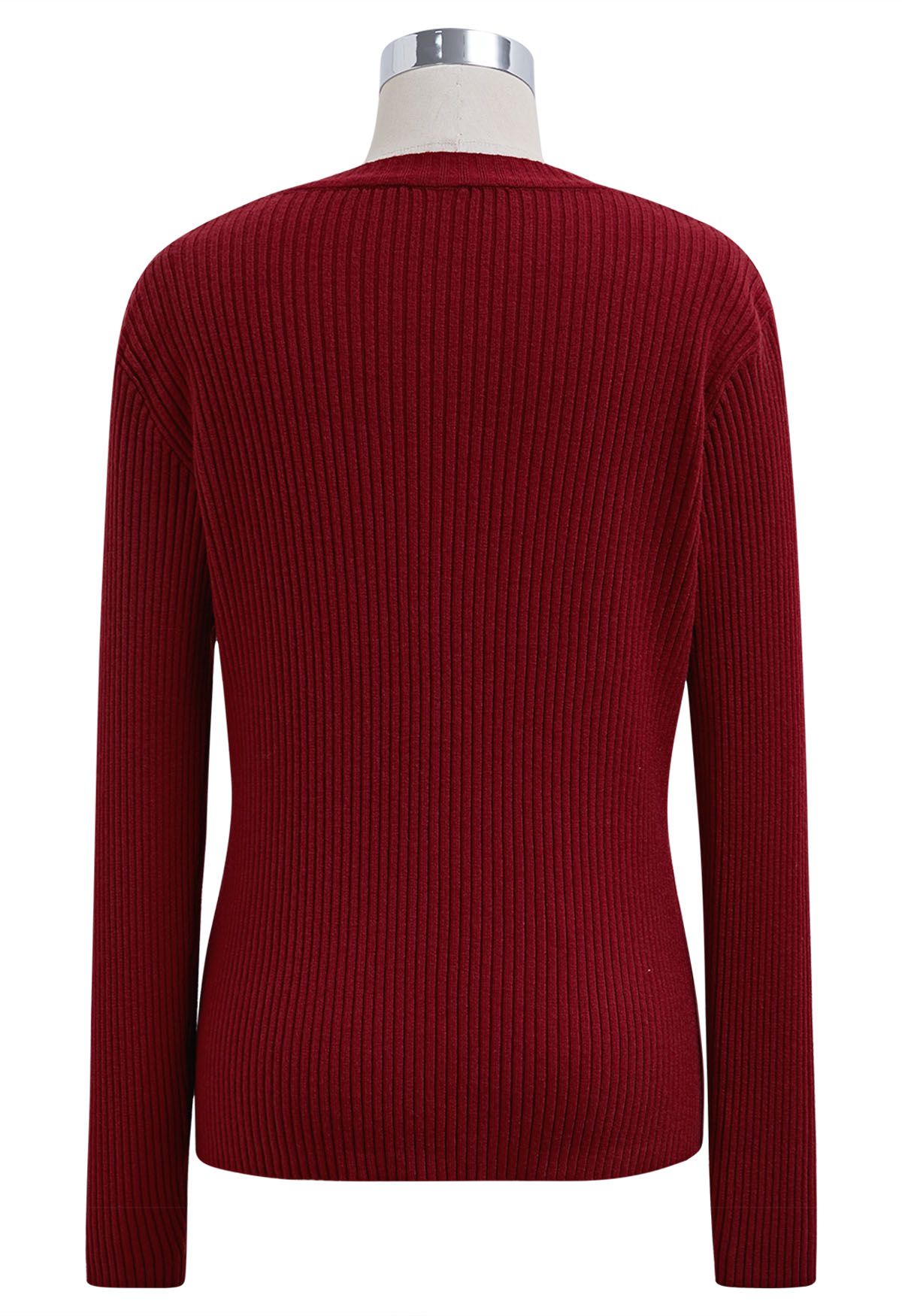 Versatile Button Front Ribbed Knit Top in Red