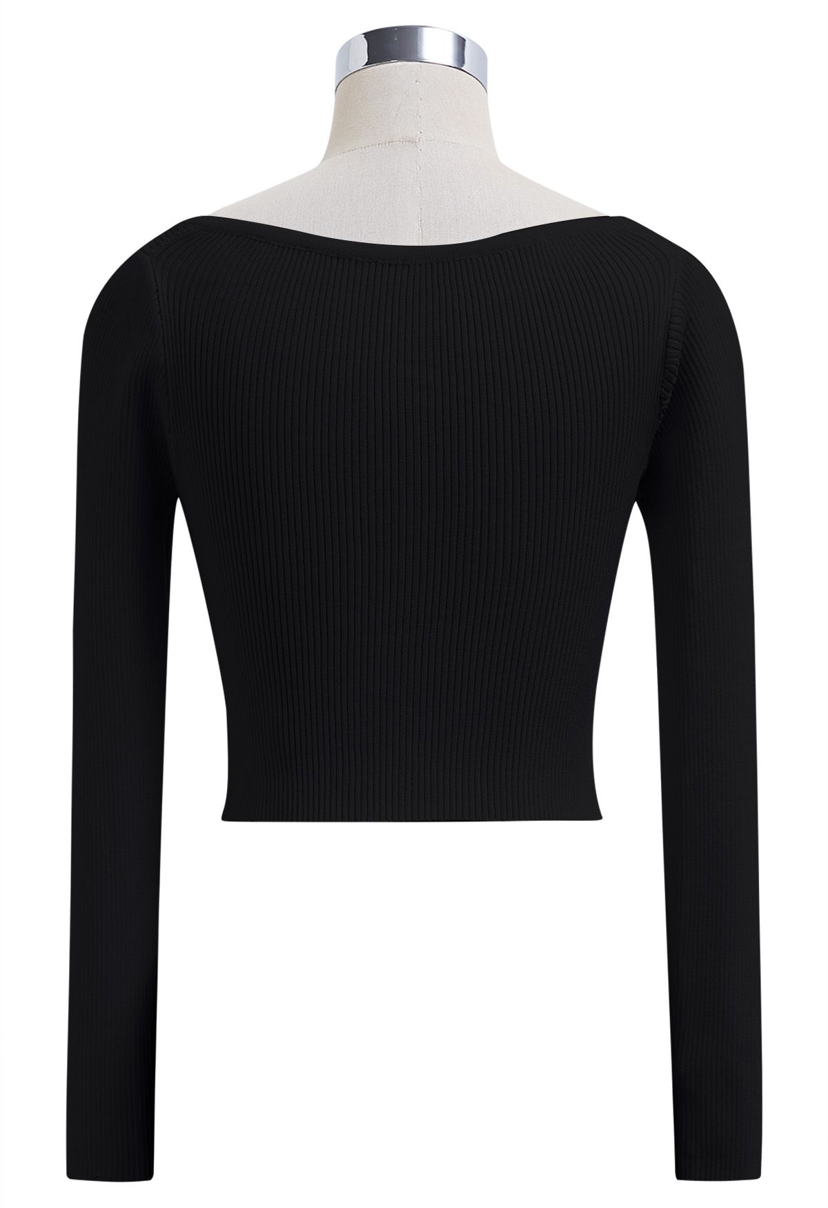 Notched Neckline Ribbed Knit Crop Top in Black - Retro, Indie and ...