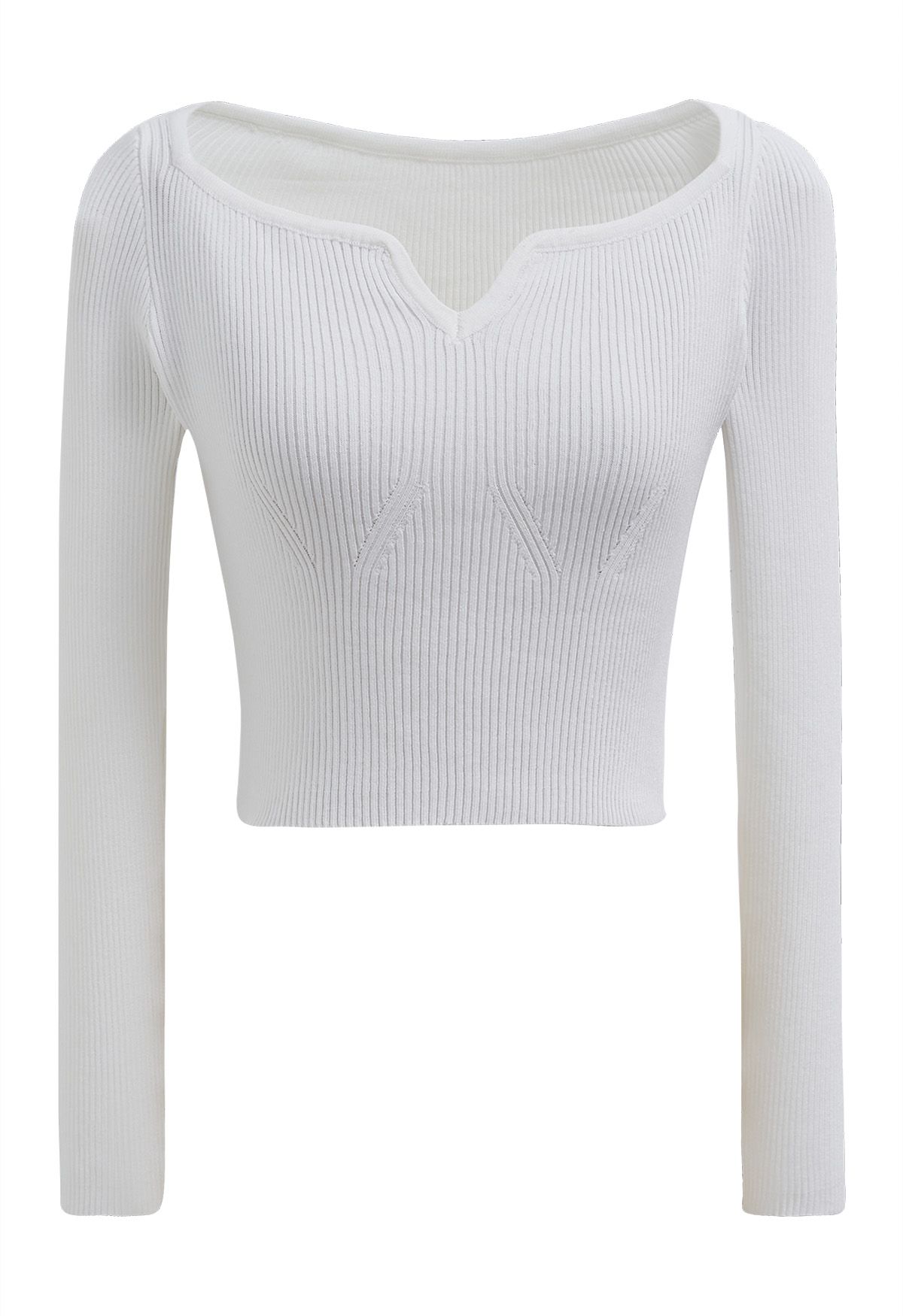 Notched Neckline Ribbed Knit Crop Top in White