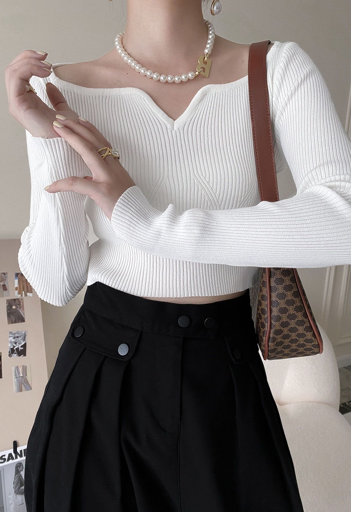 Notched Neckline Ribbed Knit Crop Top in White