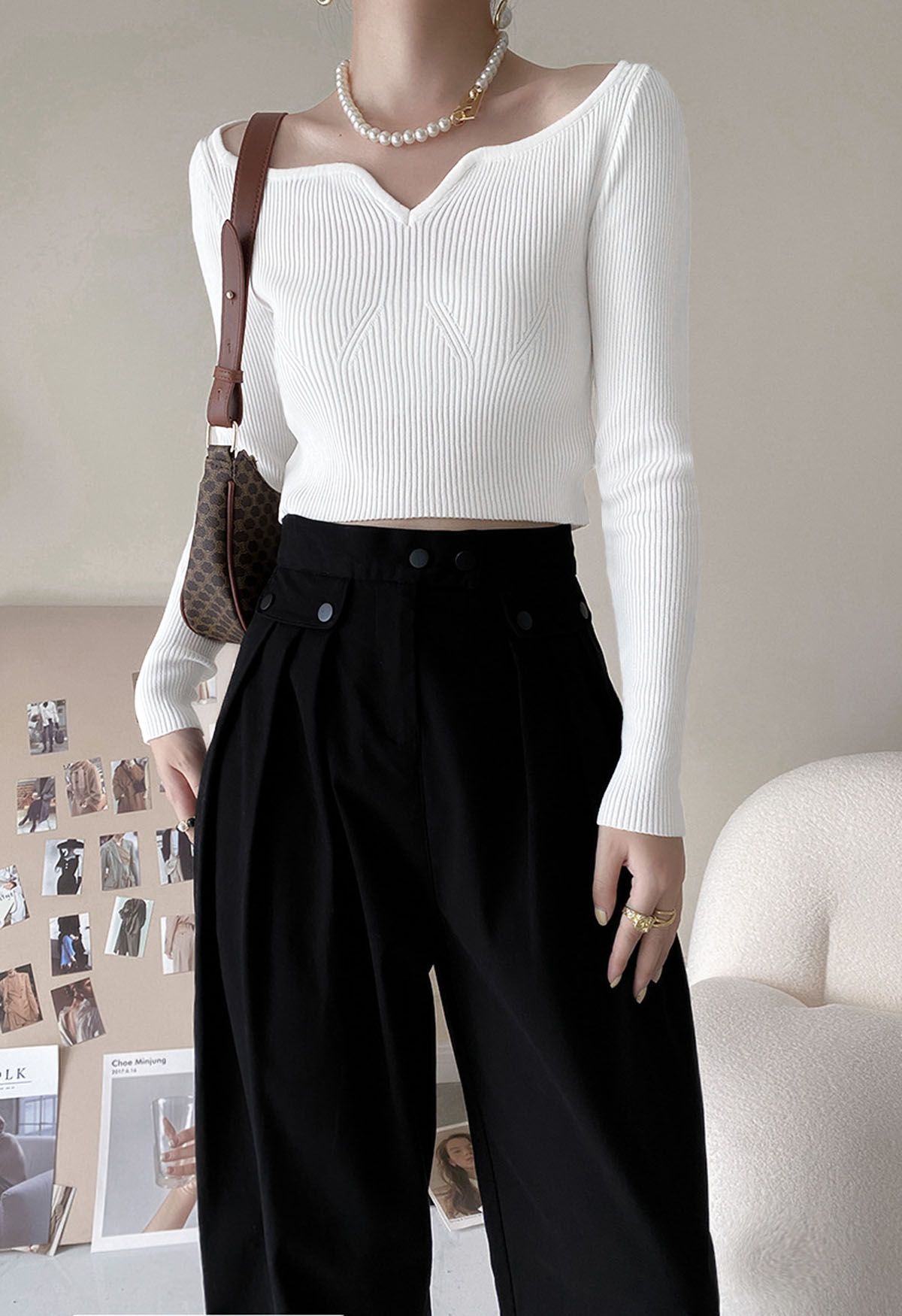 Notched Neckline Ribbed Knit Crop Top in White