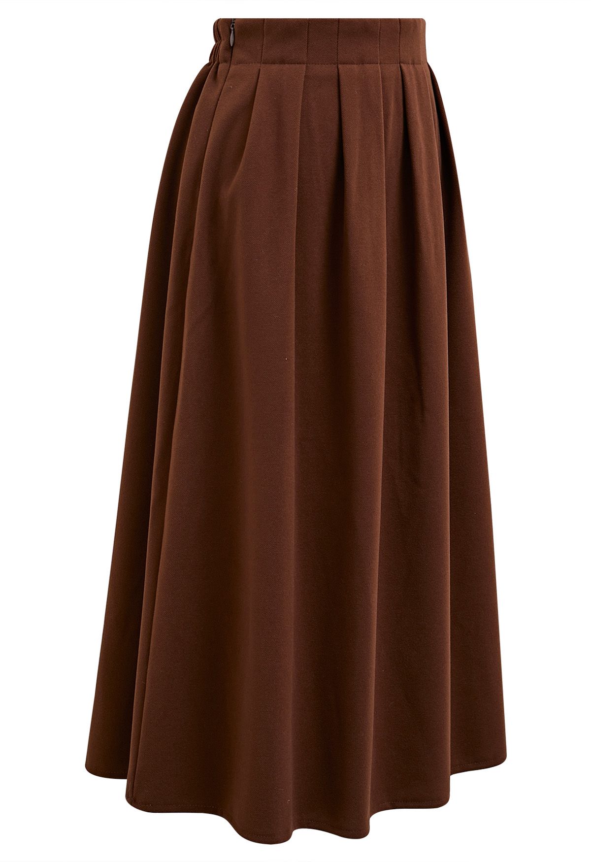 Solid Color Wool-Blend Pleated Midi Skirt in Caramel