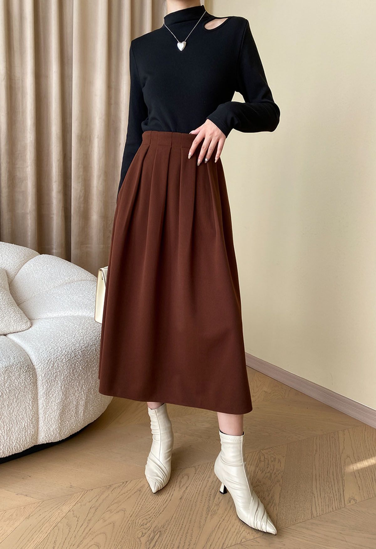 Solid Color Wool-Blend Pleated Midi Skirt in Caramel