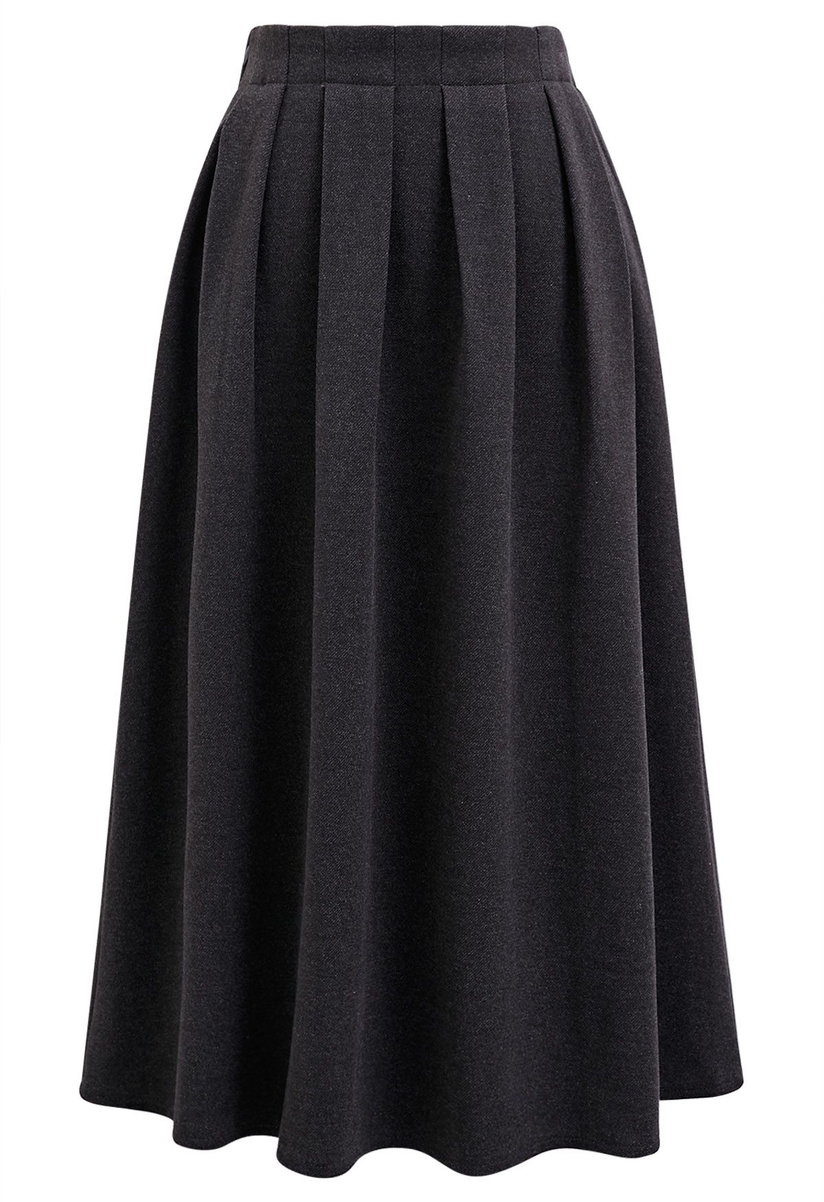 Solid Color Wool-Blend Pleated Midi Skirt in Smoke