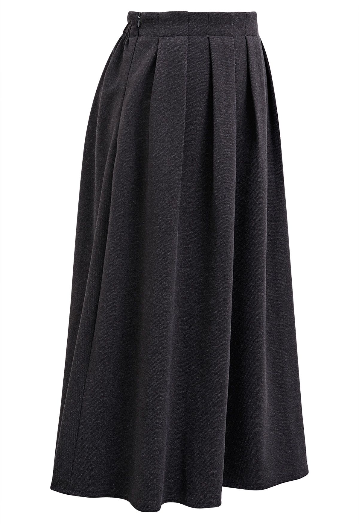 Solid Color Wool-Blend Pleated Midi Skirt in Smoke