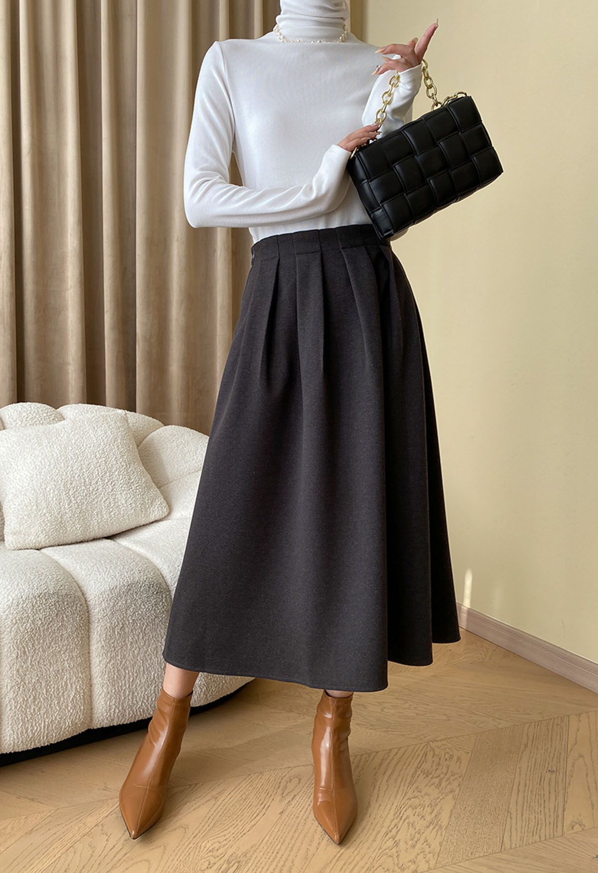 Solid Color Wool-Blend Pleated Midi Skirt in Smoke