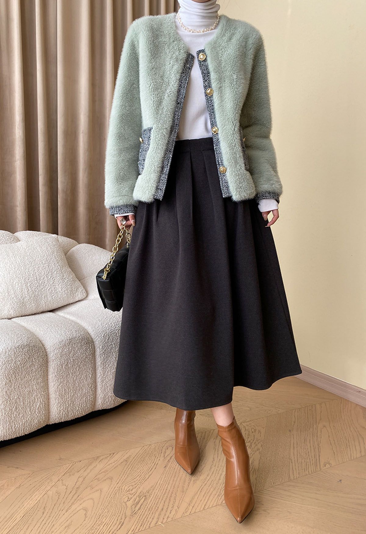 Solid Color Wool-Blend Pleated Midi Skirt in Smoke