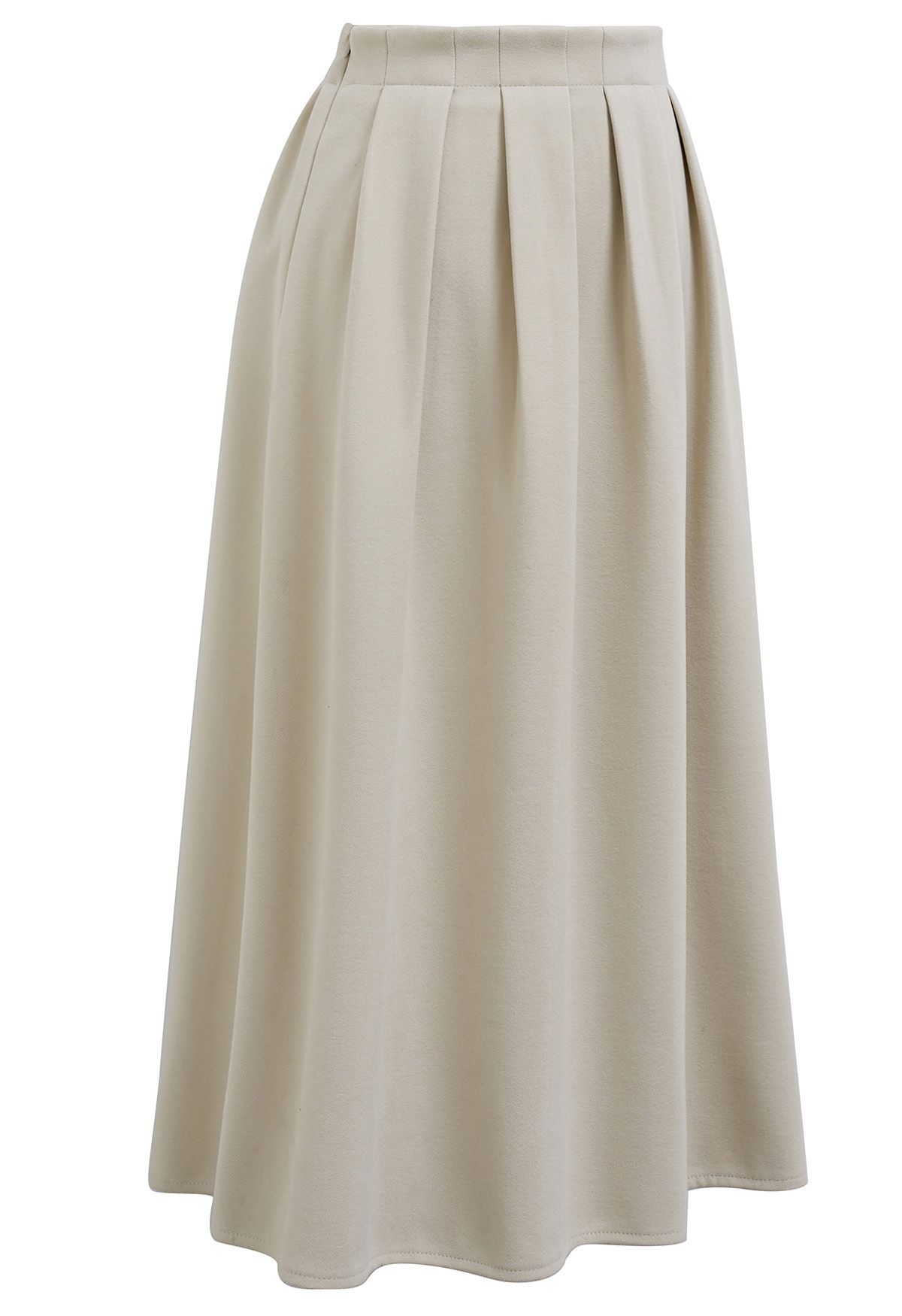 Solid Color Wool-Blend Pleated Midi Skirt in Ivory