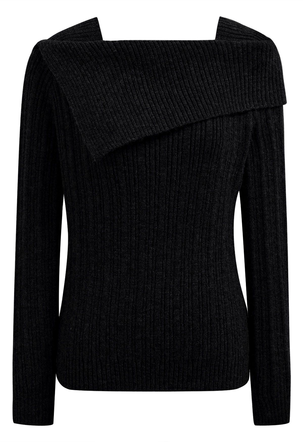 Asymmetric Flap Ribbed Knit Sweater in Black