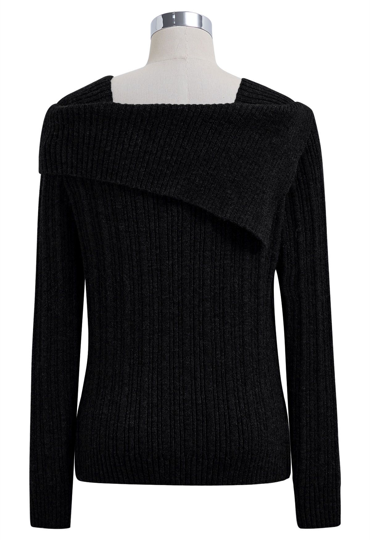 Asymmetric Flap Ribbed Knit Sweater in Black