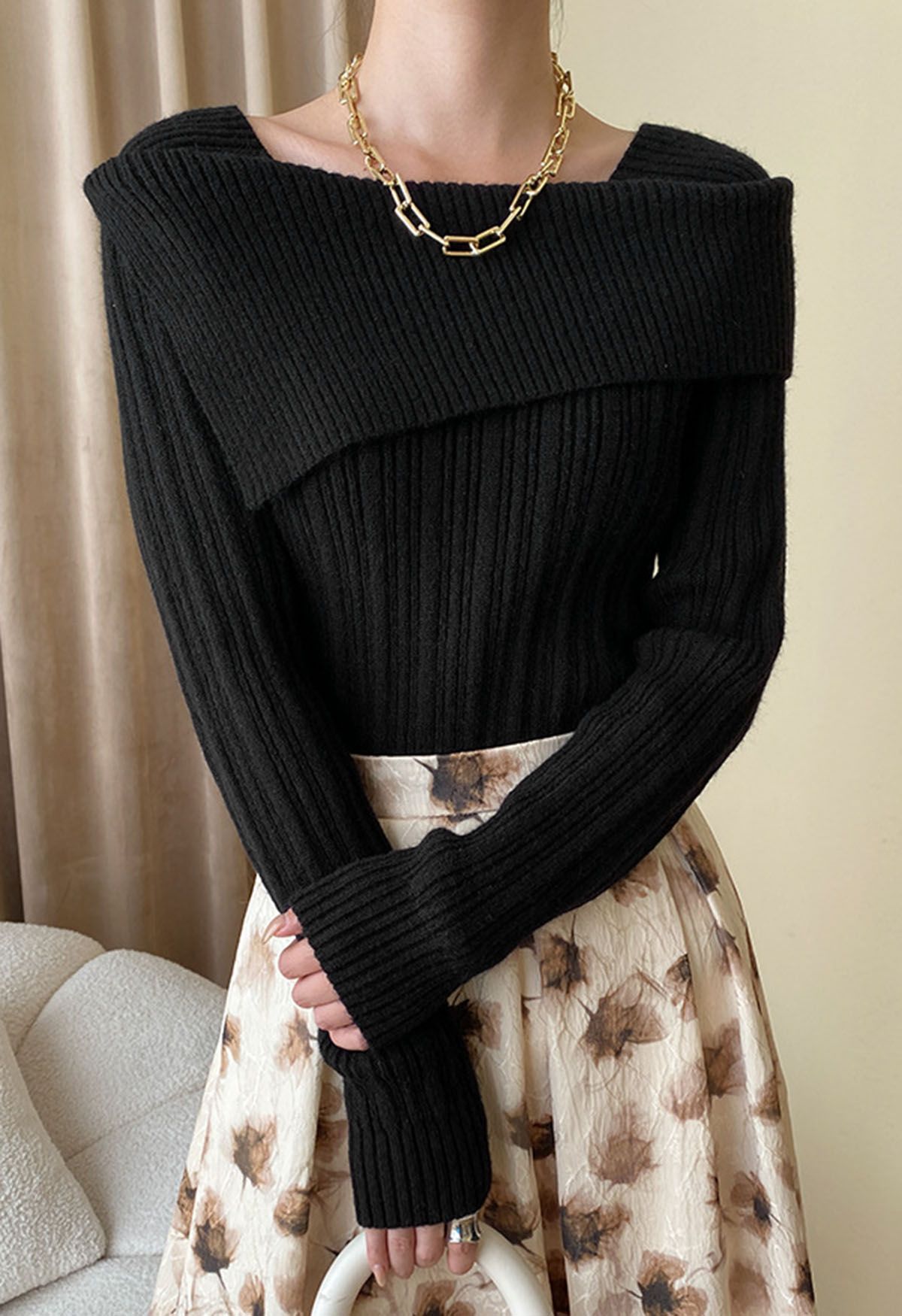 Asymmetric Flap Ribbed Knit Sweater in Black