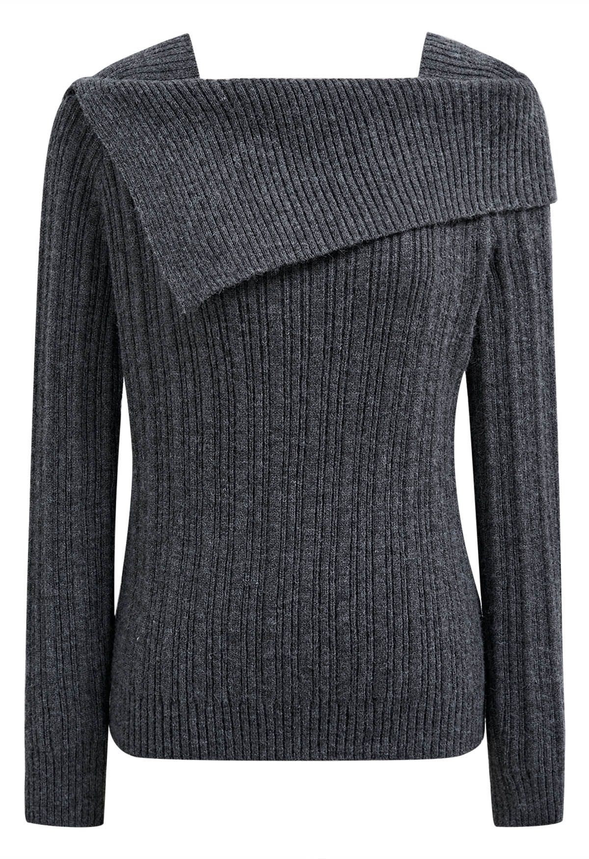 Asymmetric Flap Ribbed Knit Sweater in Smoke