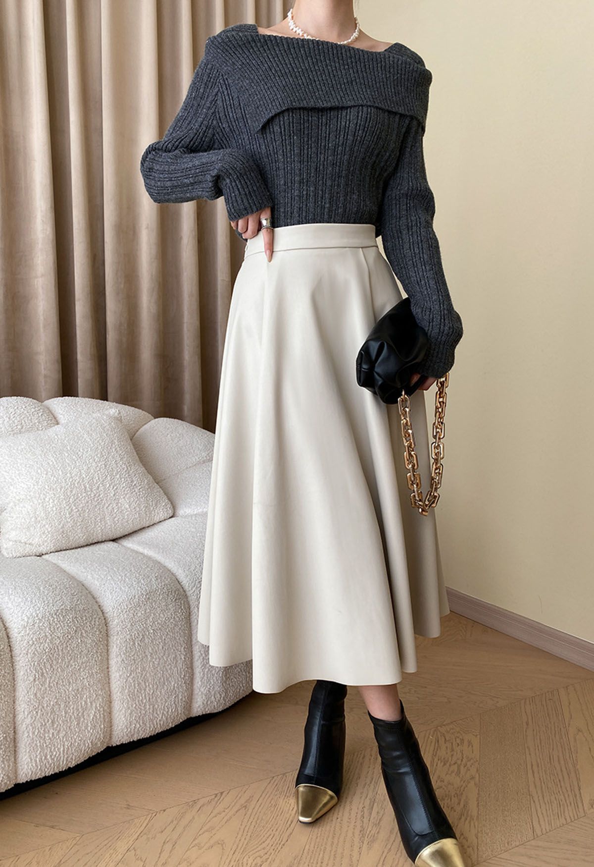 Asymmetric Flap Ribbed Knit Sweater in Smoke