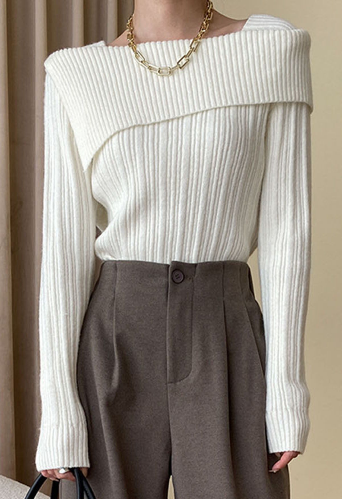 Asymmetric Flap Ribbed Knit Sweater in Cream