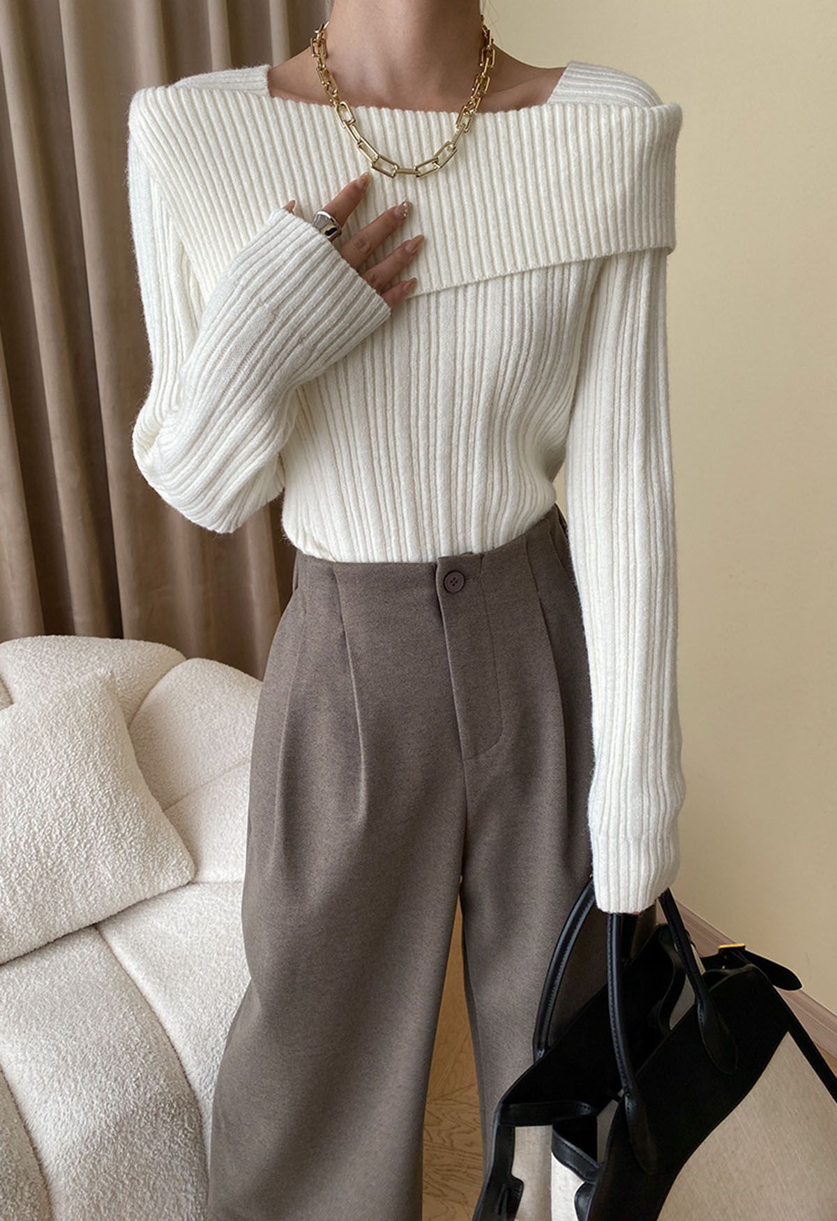 Asymmetric Flap Ribbed Knit Sweater in Cream