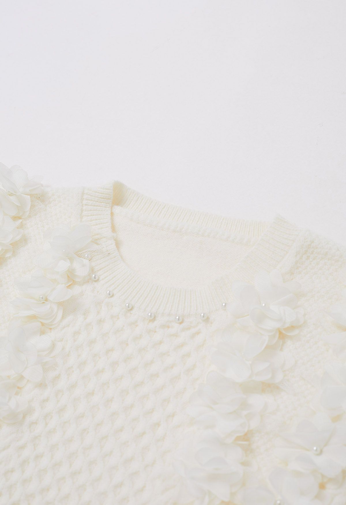 3D Flower Pearly Knit Sweater in Ivory