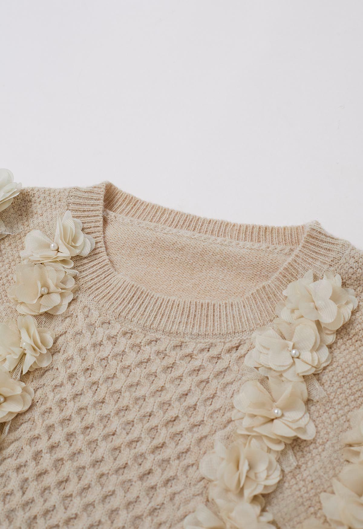 3D Flower Pearly Knit Sweater in Sand