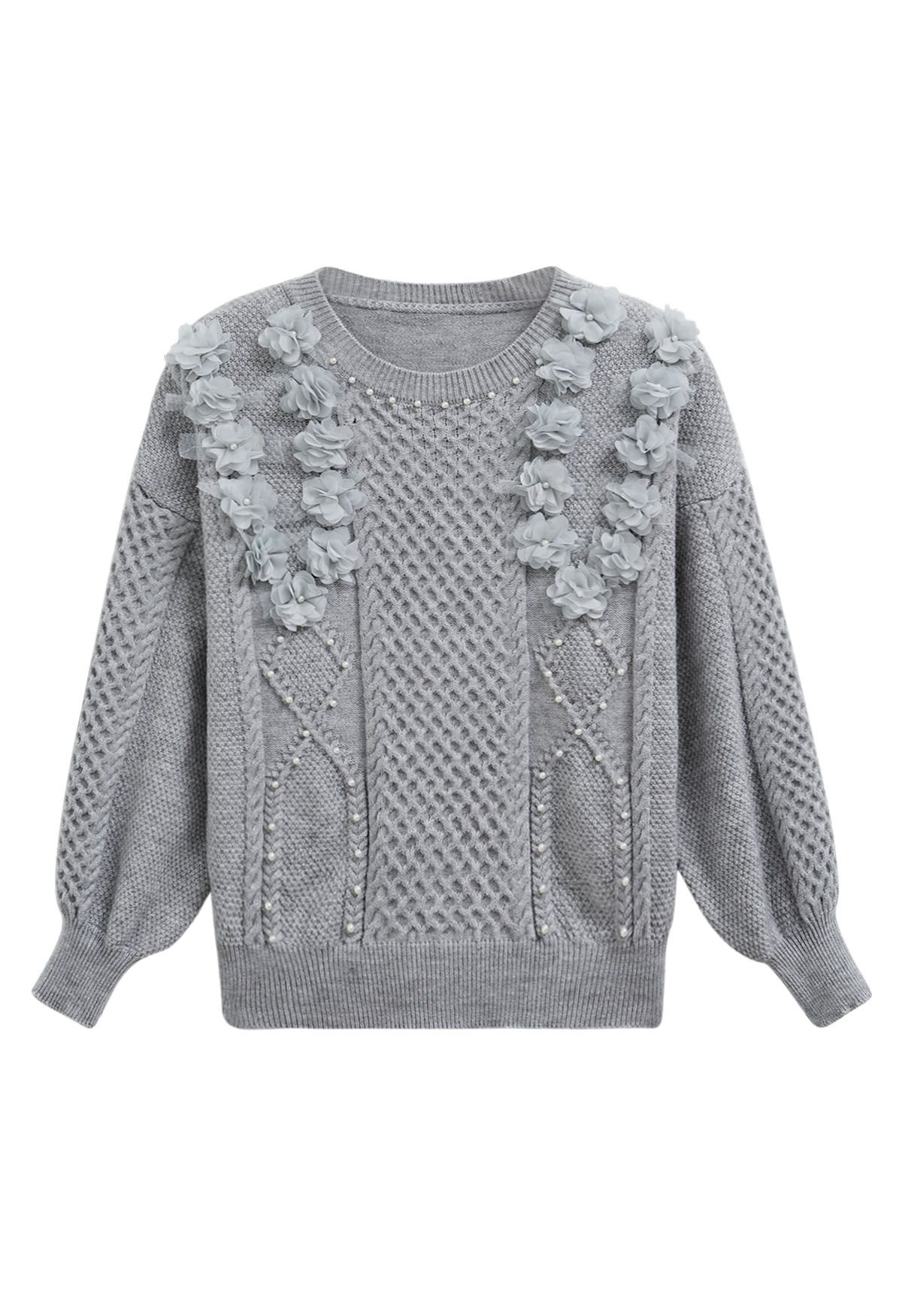 3D Flower Pearly Knit Sweater in Grey