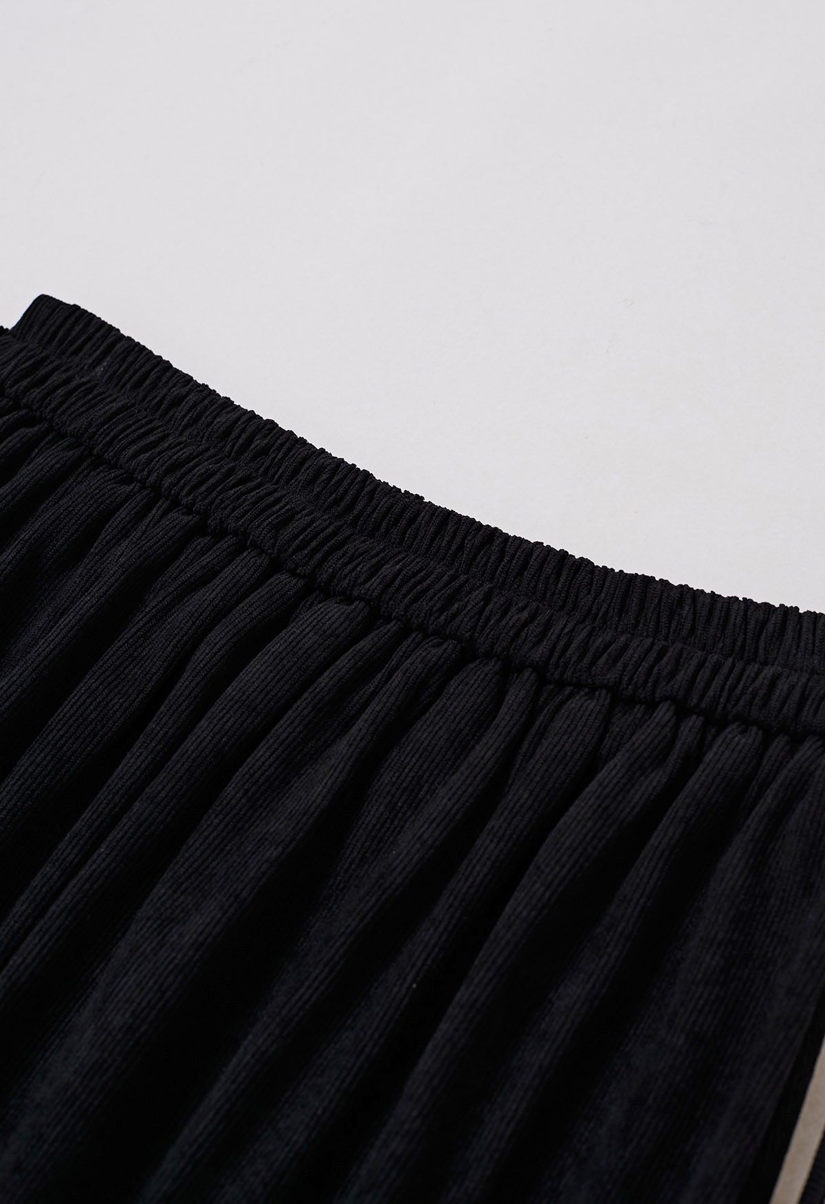 Tie-Waist Pleated Corduroy Midi Skirt in Black