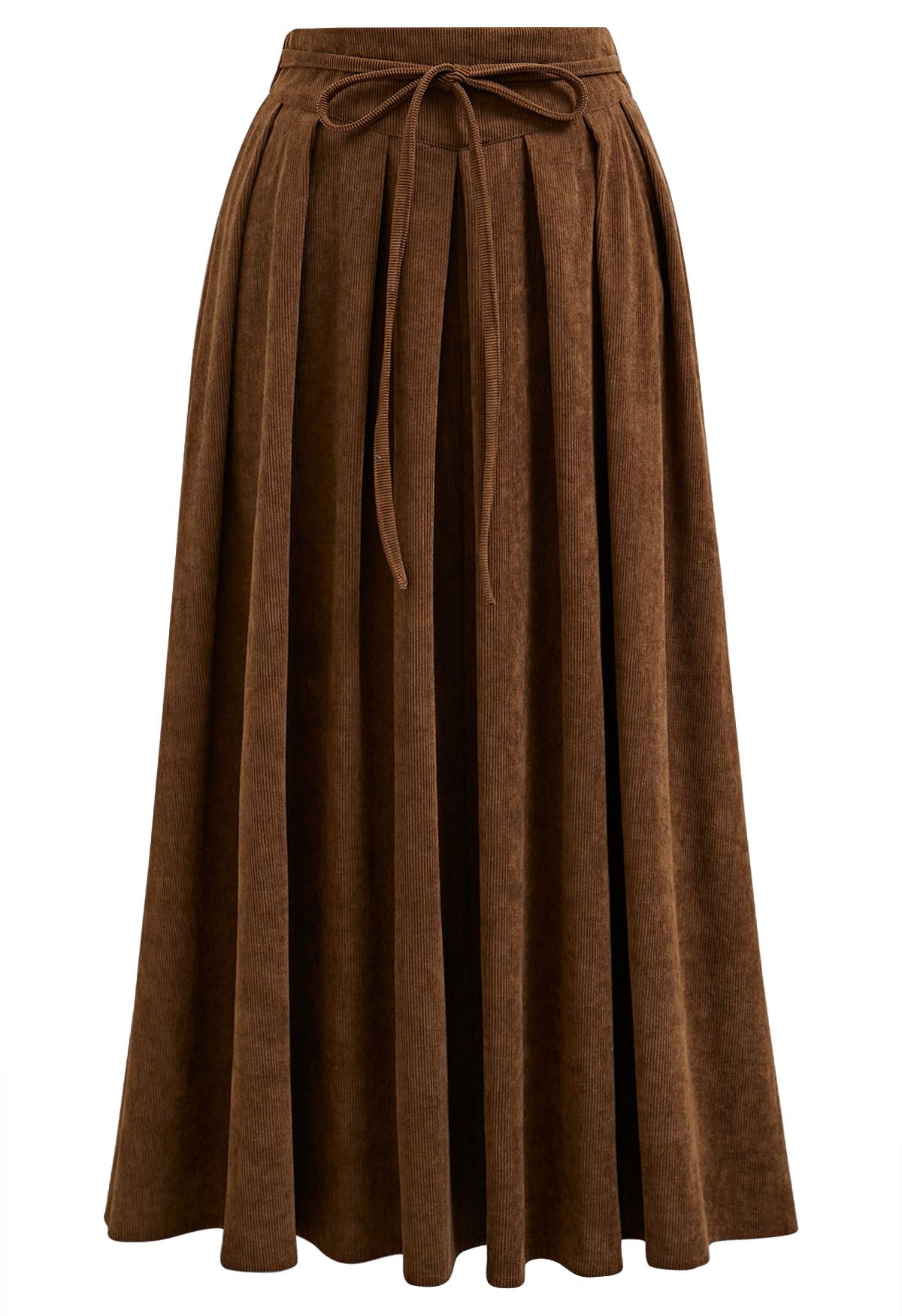 Tie-Waist Pleated Corduroy Midi Skirt in Caramel