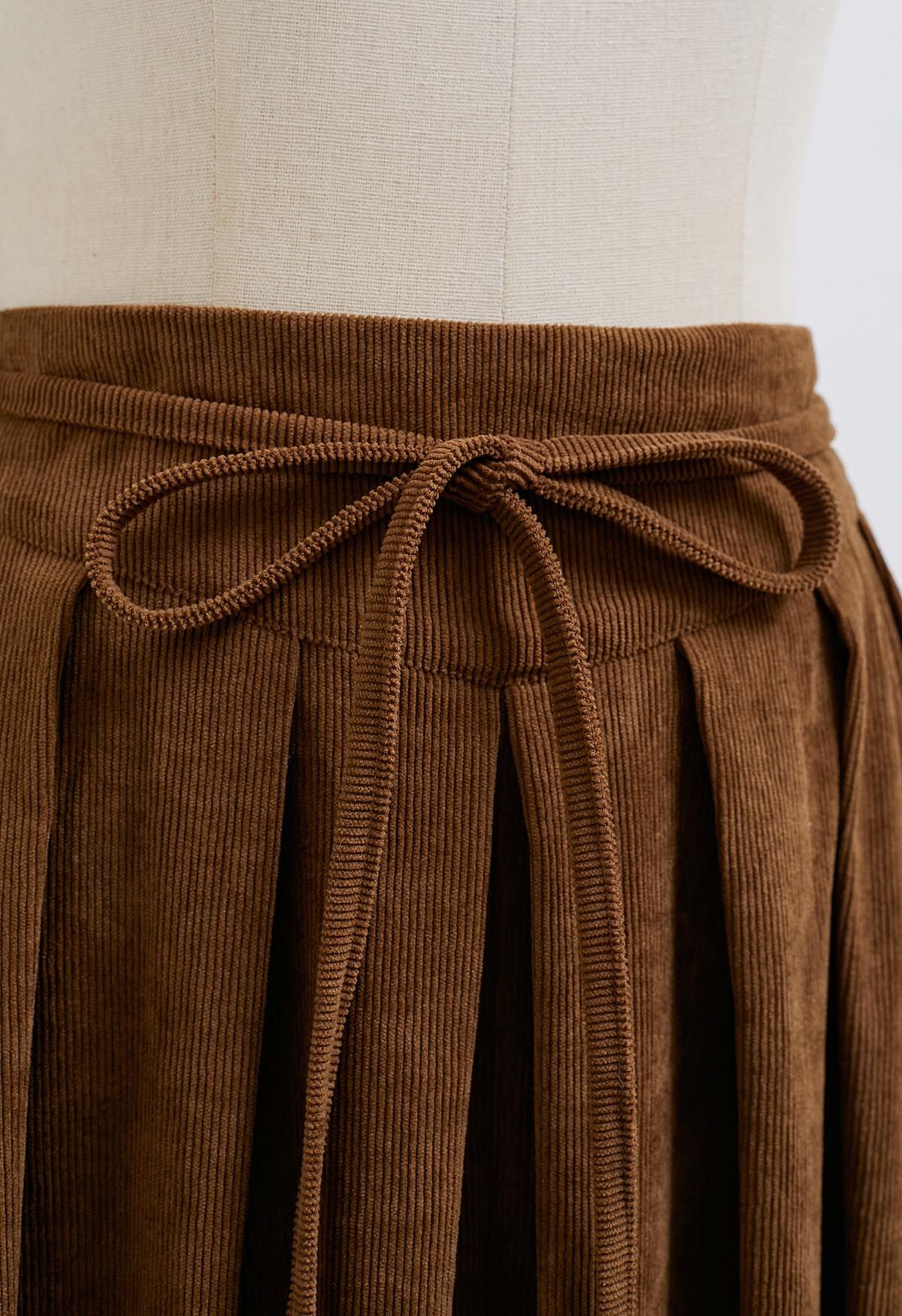 Tie-Waist Pleated Corduroy Midi Skirt in Caramel